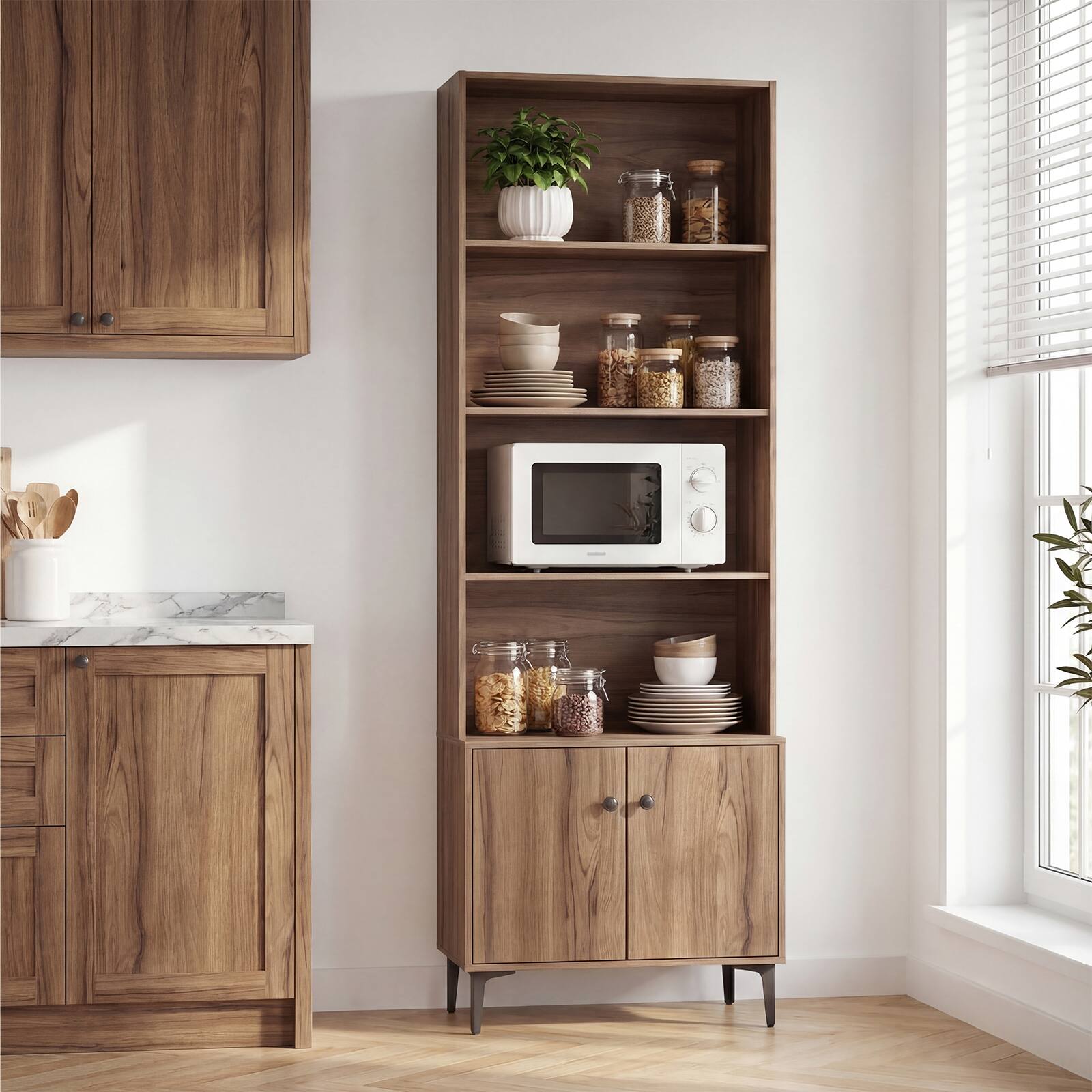 Alt View 4. Gymax - Gymax Bookshelf w/ Doors 5-Tier Floor Standing Bookcase w/ 2 Anti-Tipping Kits Walnut - Brown.