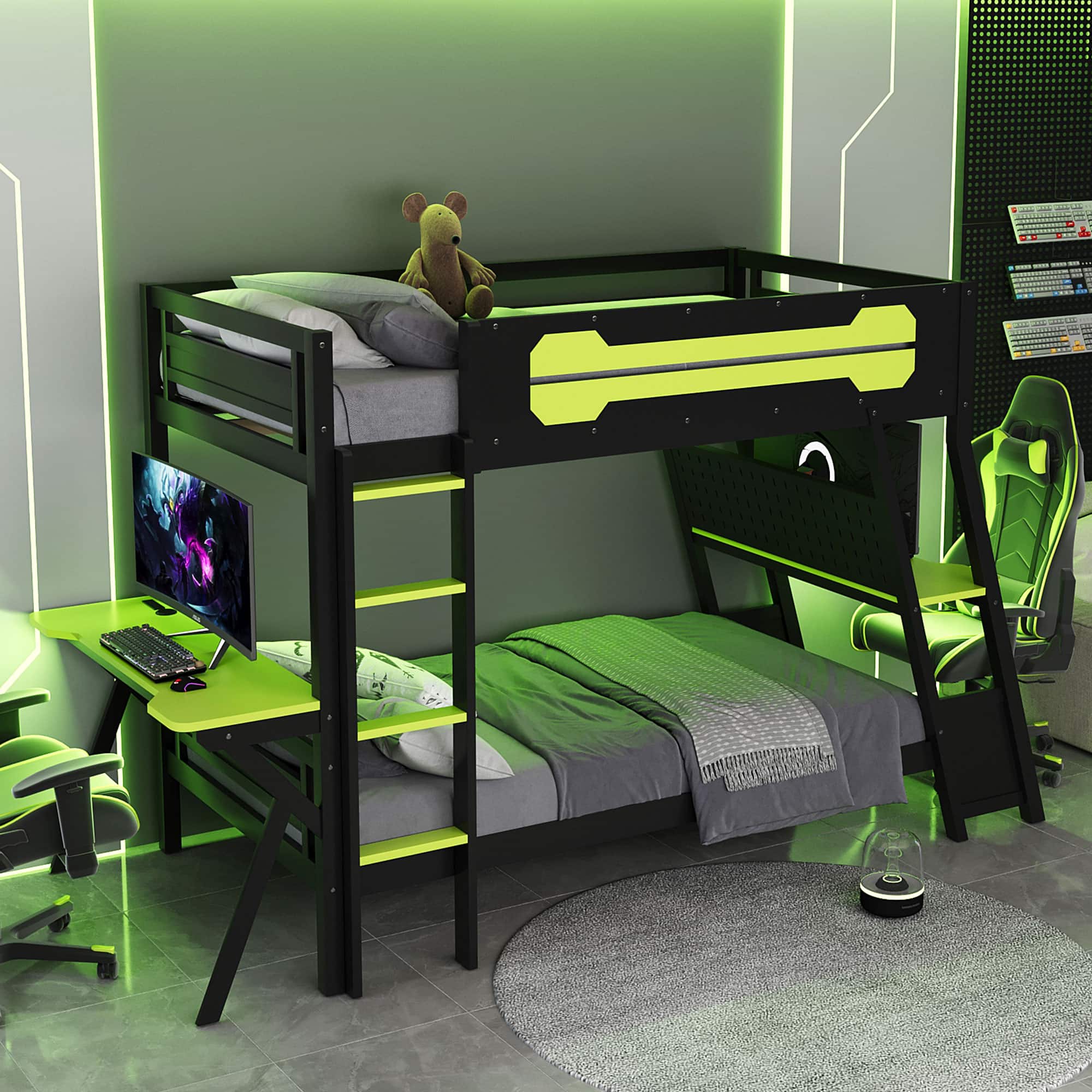 Anysun - Twin Size Bunk Bed with Two Built-In Gaming Desks, USB Desktop Ports & Pegboard Organizer, Gaming Bunk Frame for Gamer - Green