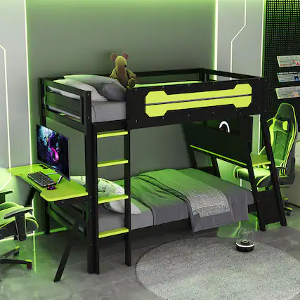 Front. Anysun - Twin Size Bunk Bed with Two Built-In Gaming Desks, USB Desktop Ports & Pegboard Organizer, Gaming Bunk Frame for Gamer - Green.