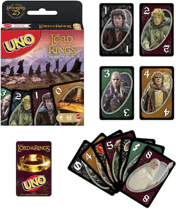 LORD OF THE RINGS Mt. Podiga 25 - | MAITEL Hdd | | | LORD Ml RINGS | | : I I I THE UNO LORD OF THE RINGS Card Game Jou de cartes 3 1 O 2 tf . Br MATTEL 7+ 2-10 Cpmes I 1 3 1 3 2 4 a THE OF LORD THE RINGS C 3e kte hlgrolohon aubss R UNO ilanel . NUP Midide cam M L SANLE S) 4 5 C 1 8 8
