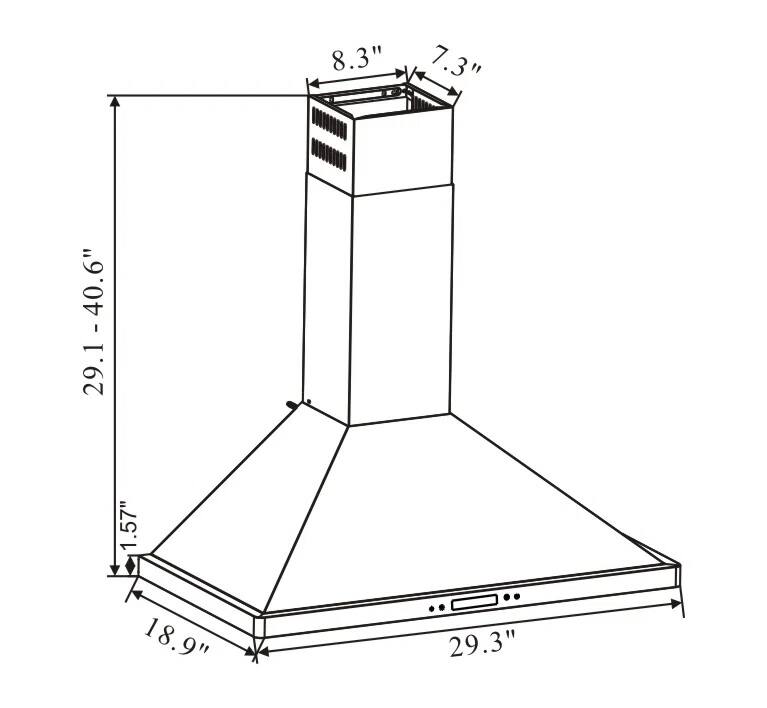 The text can be grouped as follows:

- Height: 29.1 - 40.6"
- Width: 29.3"
- Depth: 18.9"
- Height of the top section: 8.3"
- Depth of the top section: 7.3"
- Angle: 1.57"