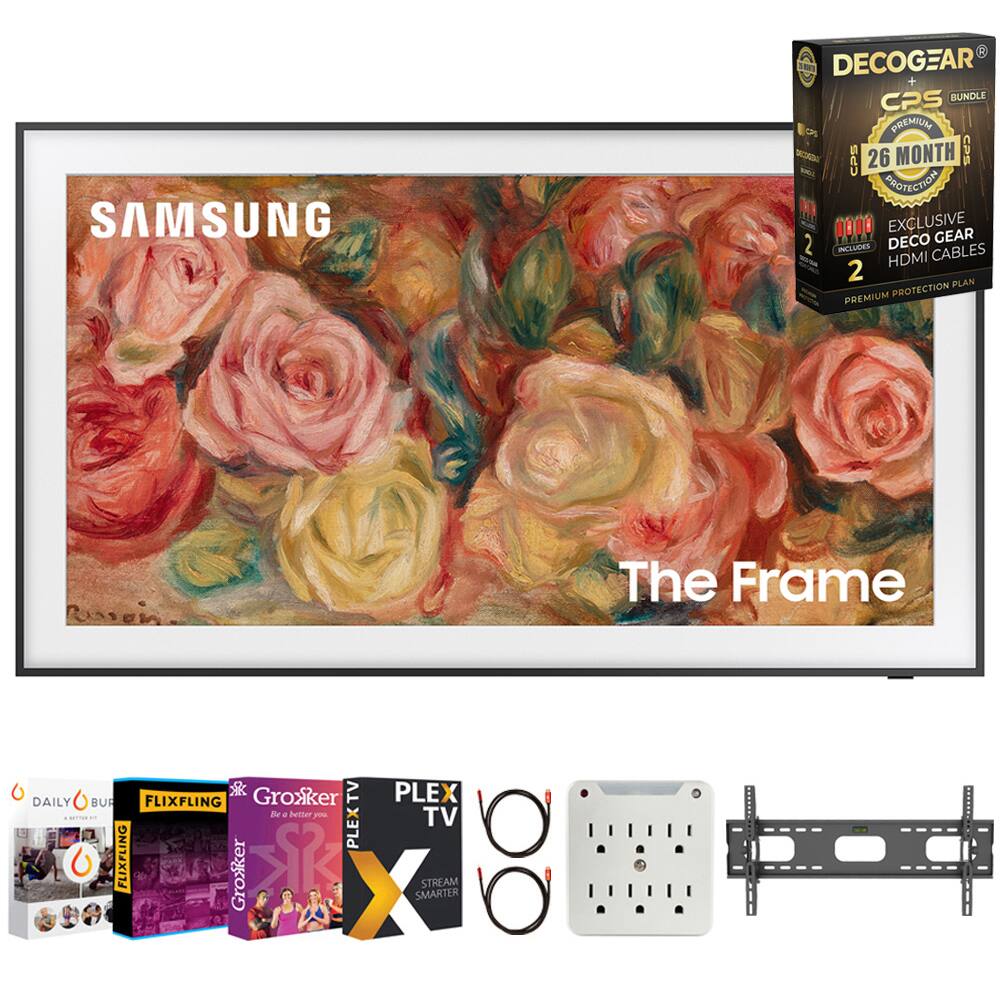 SAMSUNG  
The Frame  

DECOCGEAR + CPS BUNDLE  
26 MONTH PROTECTION  
EXCLUSIVE DECO GEAR  
2 HDMI CABLES  
PREMIUM PROTECTION PLAN  

DAILY FLIXFLING  
Grokker TV  
PLEX TV  
XSTREAM SMARTER