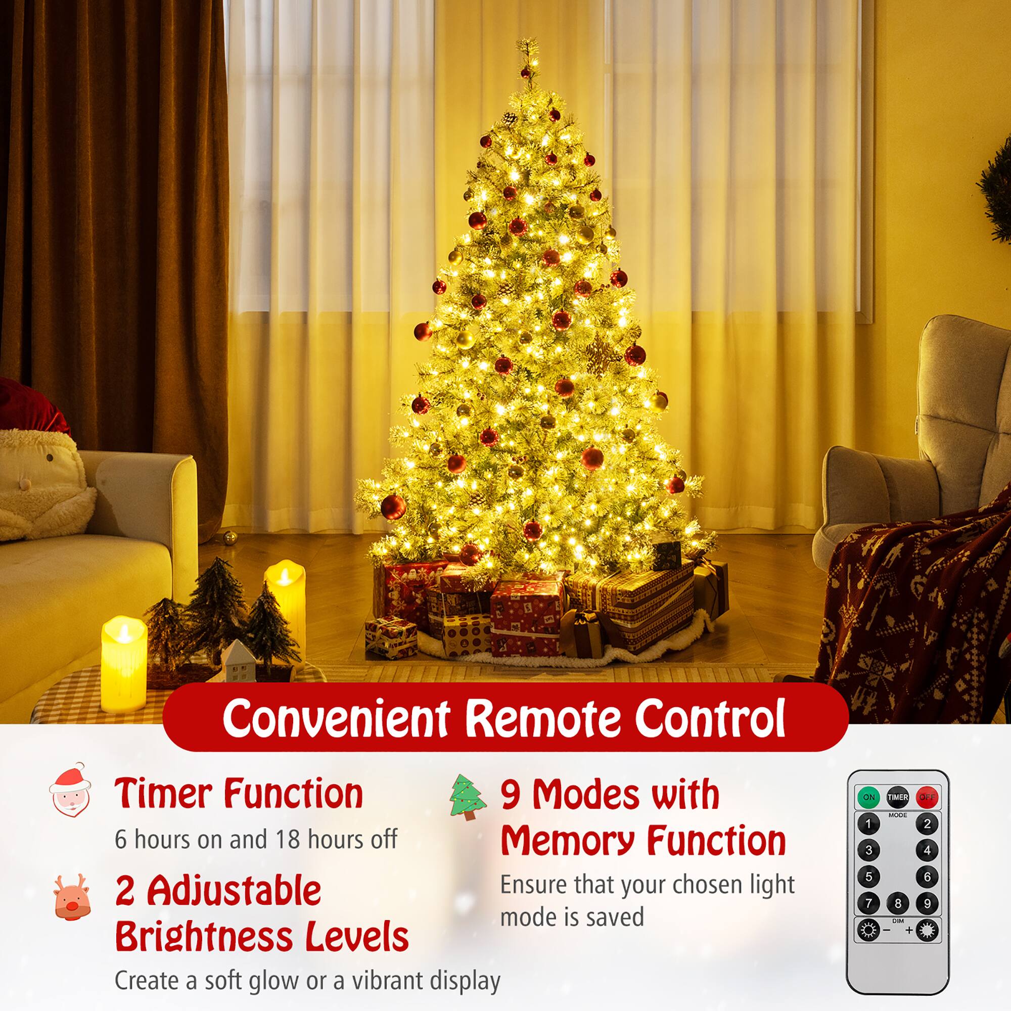 Convenient Remote Control

Timer Function  
6 hours on and 18 hours off

2 Adjustable Brightness Levels  
Create a soft glow or a vibrant display

9 Modes with Memory Function  
Ensure that your chosen light mode is saved