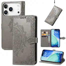 Dteck - Magnetic Wallet Case For Apple iPhone 17 Pro, Shockproof Card Slots Stand Flip Phone Protective Cover with Hand Strap - Gray