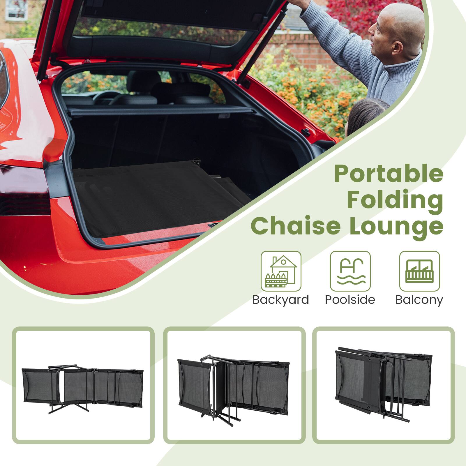 Portable Folding Chaise Lounge Backyard Poolside Balcony