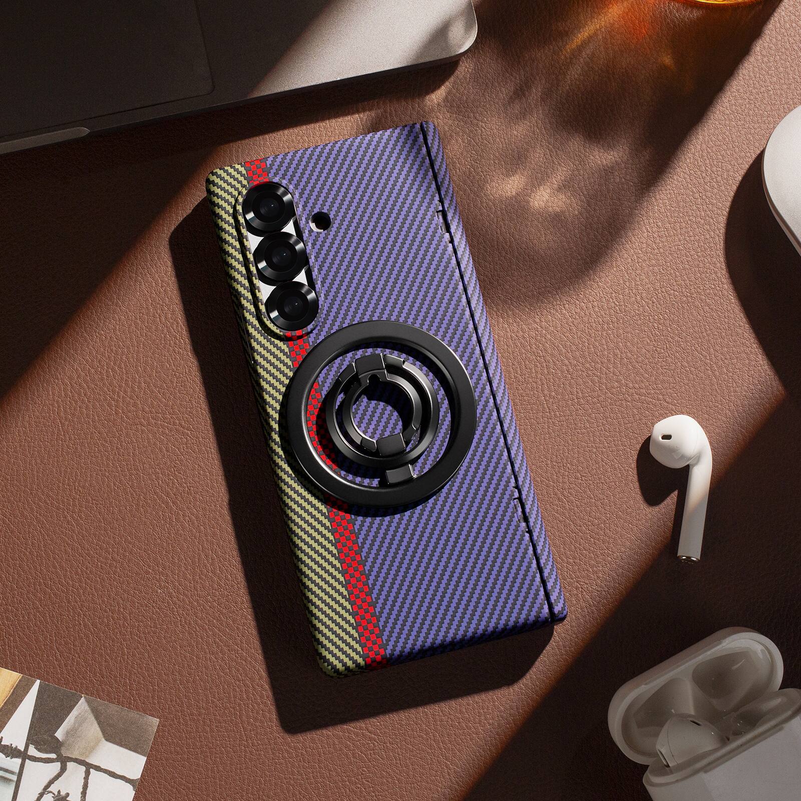 Angle. Dteck - Strong Magnetic Case for Samsung Galaxy Z Fold8 Ultra with Removable Ring Stand, Full Hinge Protection with Screen Cover - Purple.