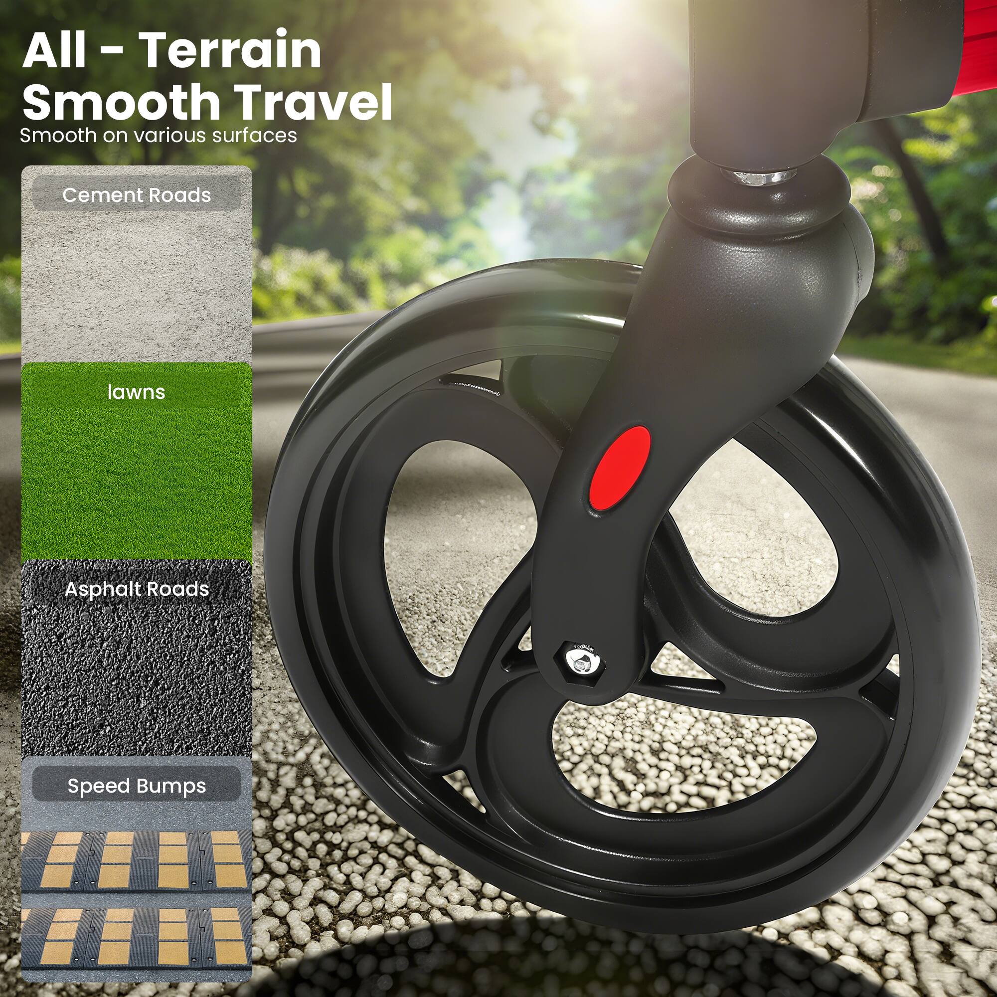 All-Terrain Smooth Travel  
Smooth on various surfaces  
Cement Roads  
lawns  
Asphalt Roads  
Speed Bumps