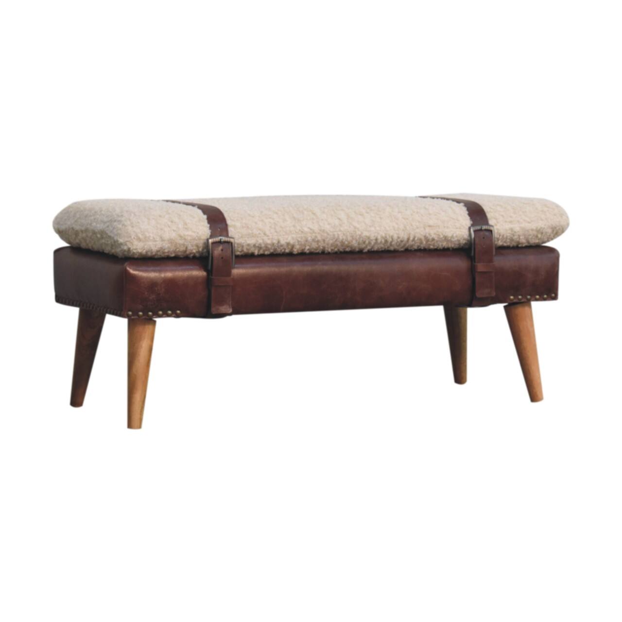 Angle. Artisan Furniture - Artisan Furniture Solid Wood Boucle x Brown Leather Bench, Upholstered, Brown and Cream - Brown and Cream.
