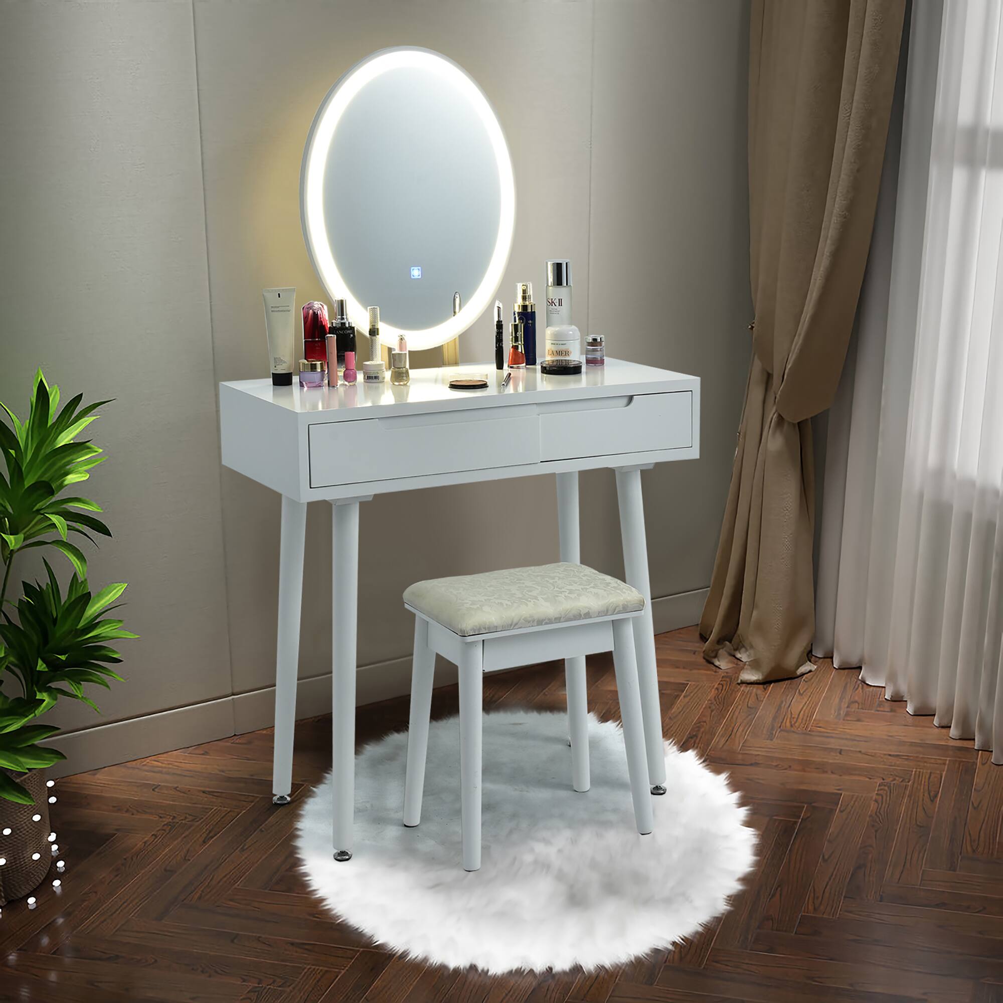 Alt View 1. Costway - Costway Vanity Makeup Table Touch Screen 3 Lighting Modes Dressing Table Stool Set - White.