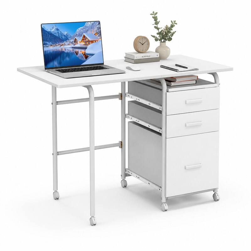 Angle. WELLFOR - Folding Computer Desk with 3 Drawers & Desk, 41.5" Home Office Desk for Small Spaces - White.