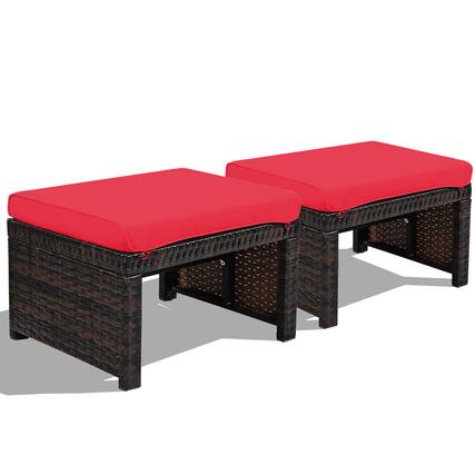 Front. Gymax - Gymax Set of 2 Rattan Ottoman Footrest Footstool Patio Furniture w/ Red Cushion - Red.