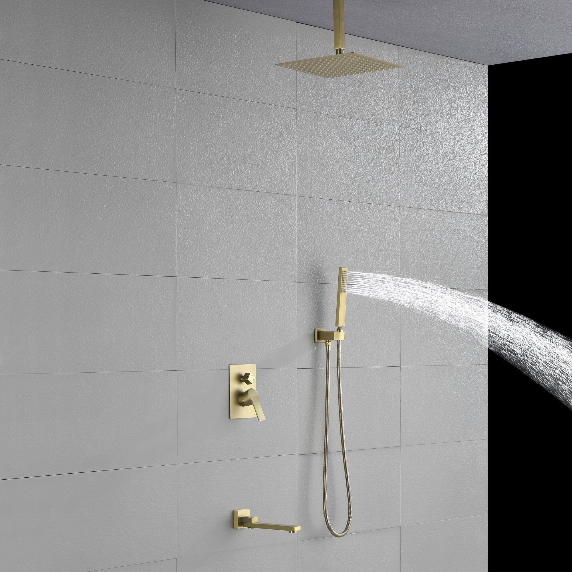Alt View 3. Boyel Living - Brushed Gold 12-Inch Rain Shower System Brass SUS304 3-Function Valve Handheld 180° Spout cUPC - Brushed Gold.