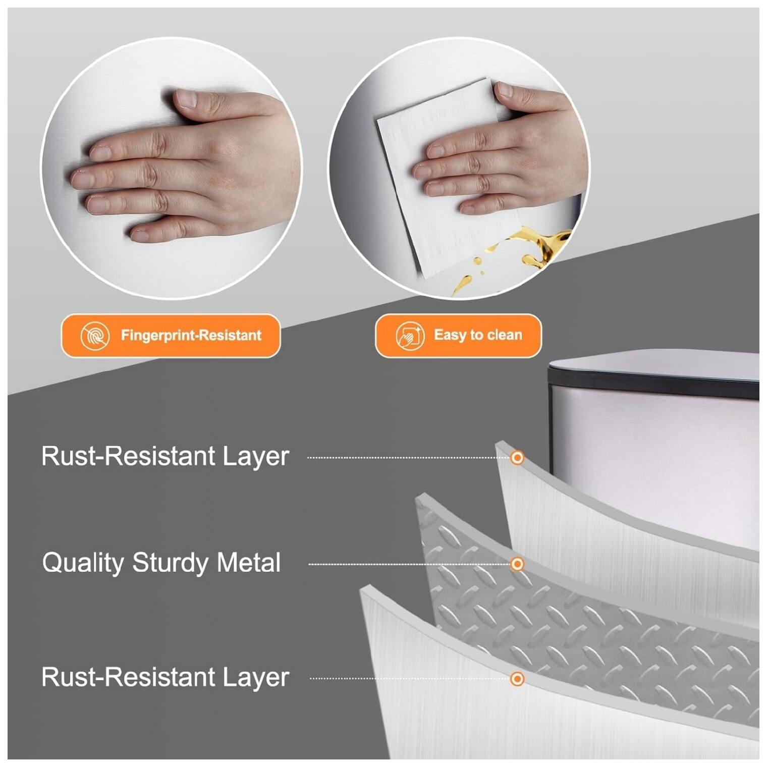 Fingerprint-Resistant  
Easy to clean  
Rust-Resistant Layer  
Quality Sturdy Metal  
Rust-Resistant Layer