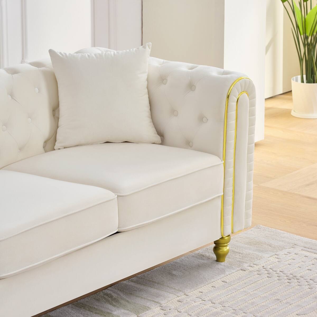 Alt View 7. Ropilly - Ropilly Beige Velvet Sofa Set Chesterfield Loveseat Style with Button Tufting Gold Legs for 6 Seat Living Room - Beige.
