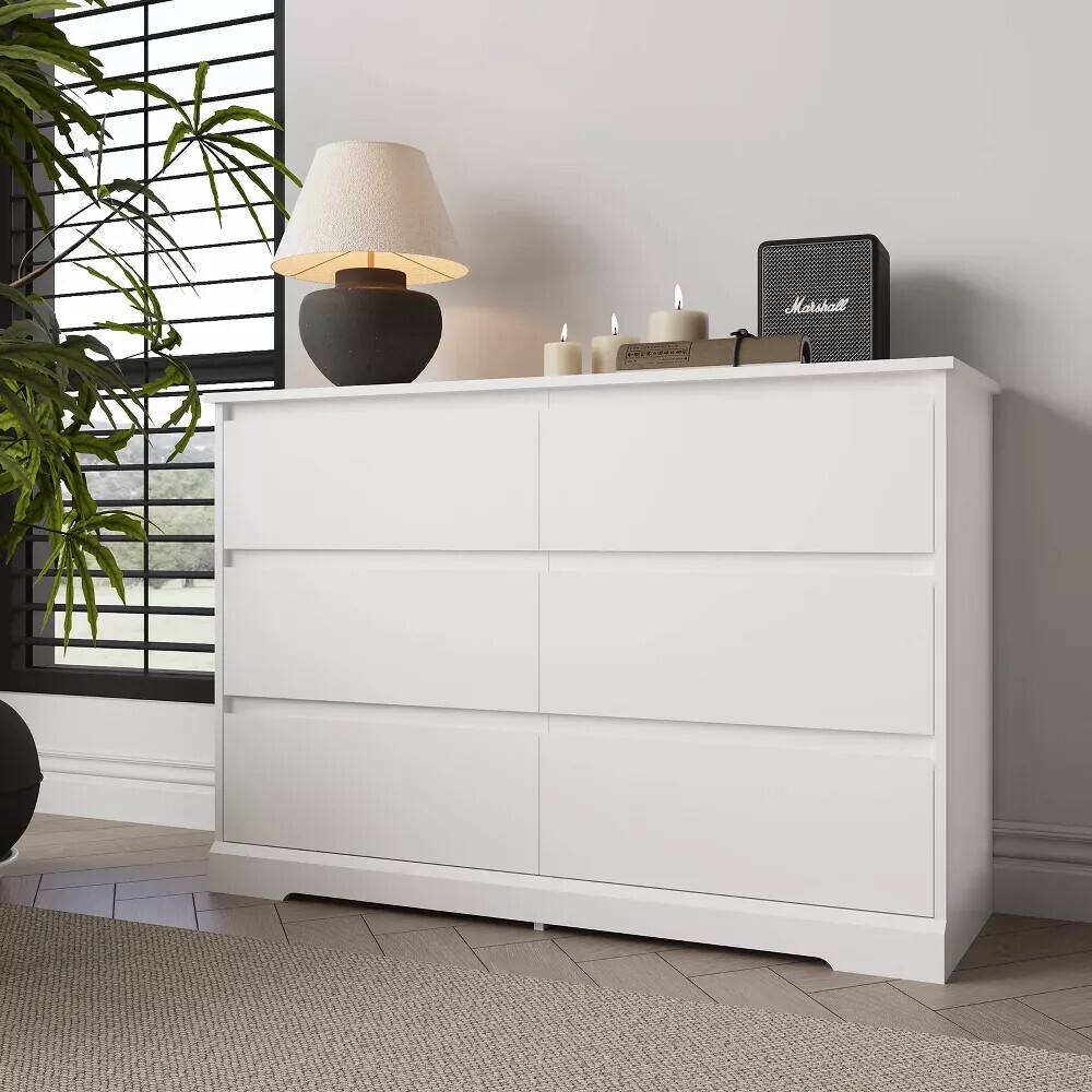 Alt View 2. SKONYON - 6-Drawer Wooden Dresser, Horizontal Storage Organizer for Bedroom - White.