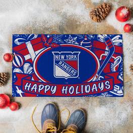 Evergreen Enterprises - New York Rangers 28" x 16" Happy Holidays Christmas Turf Door Mat - Multicolor