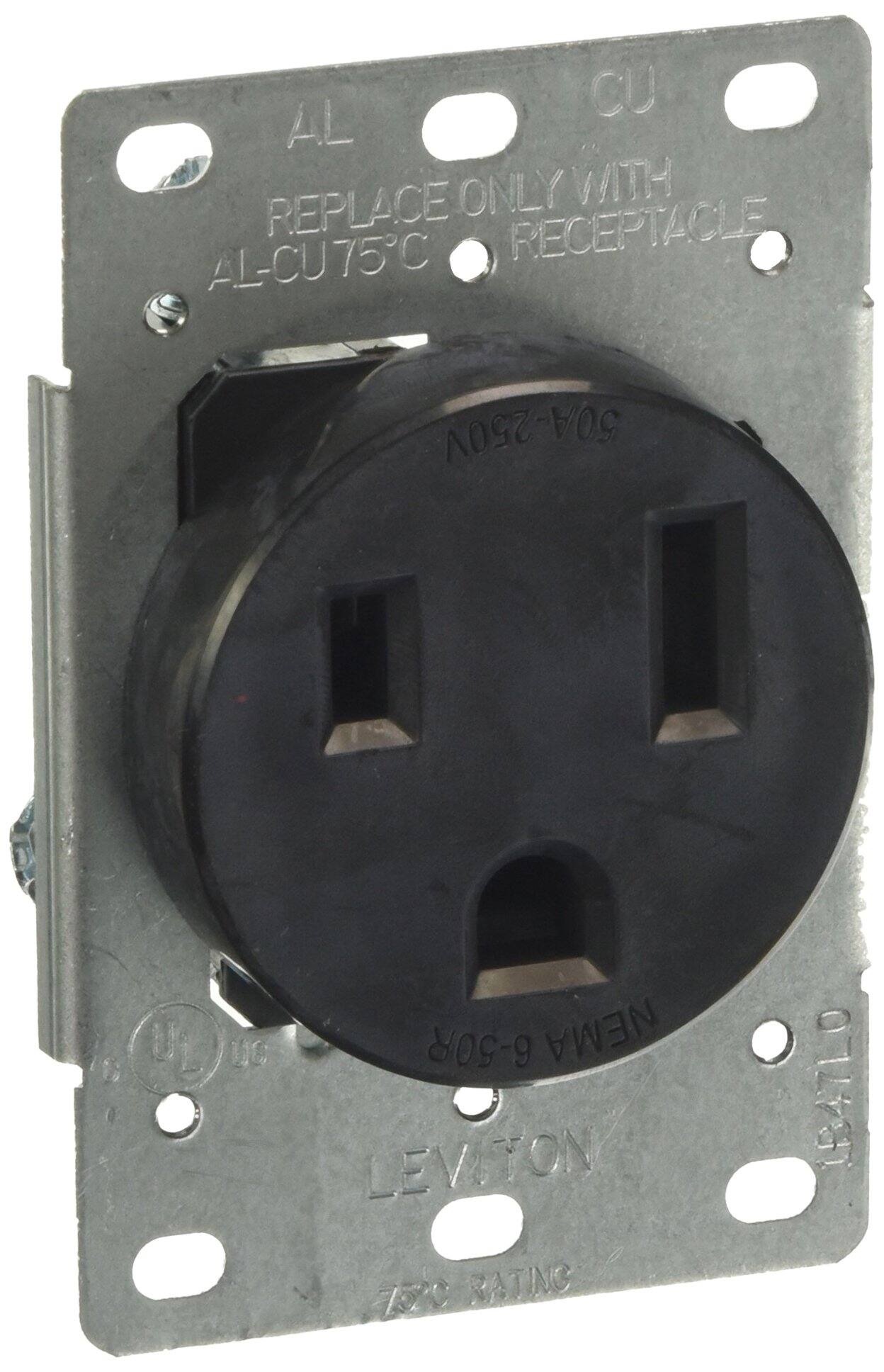 CU AL ONLY WITH REPLACE RECEPTACLE  
AL-CU 75°C  
50A-250V  
UL  
UC  
6-50R NEMA  
LEVITON 75C RATING  
1B47LO