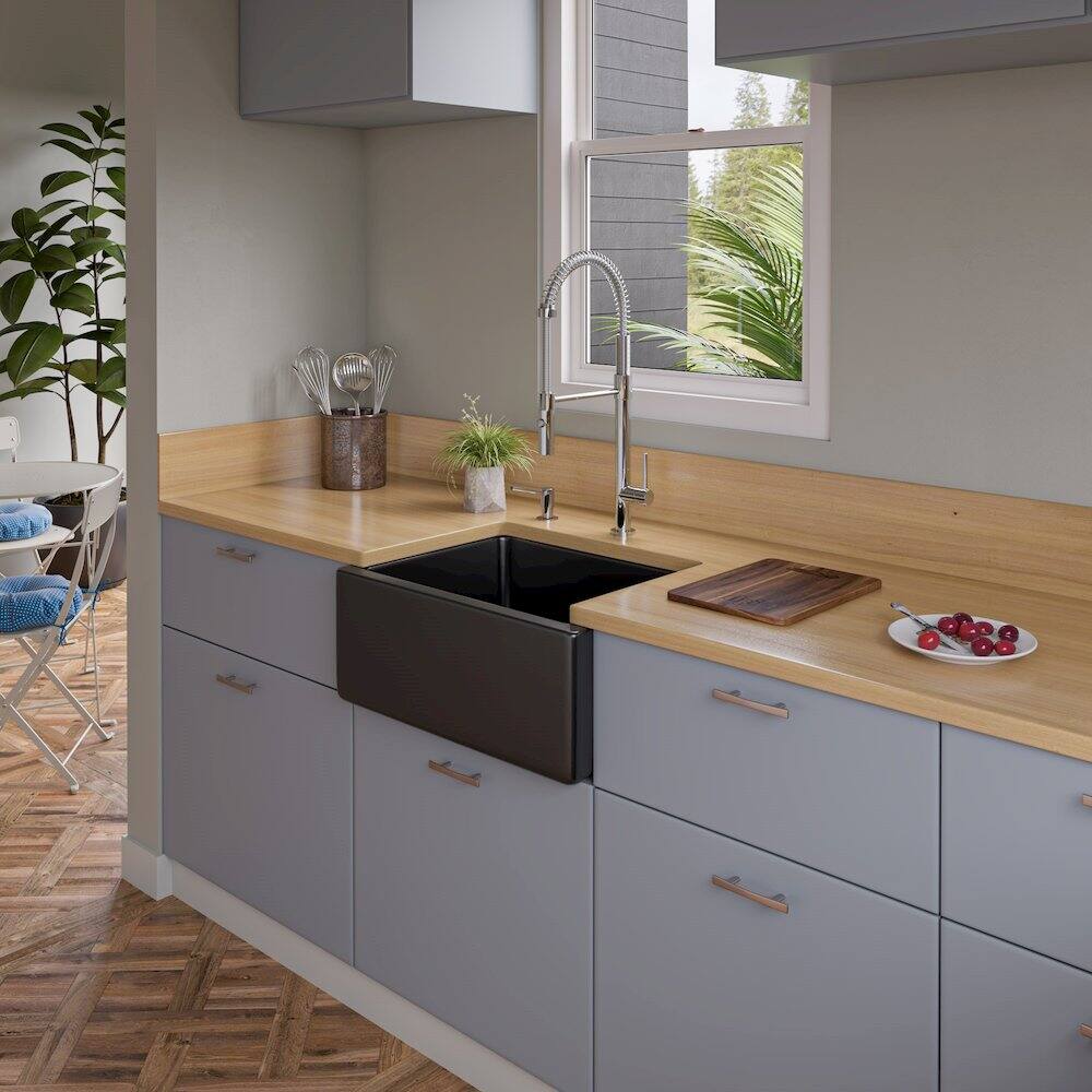 Alt View 3. Alfi - ALFI brand 24 Black Gloss Reversible Smooth / Fluted Single Bowl Fireclay Farm Sink - Black Gloss.