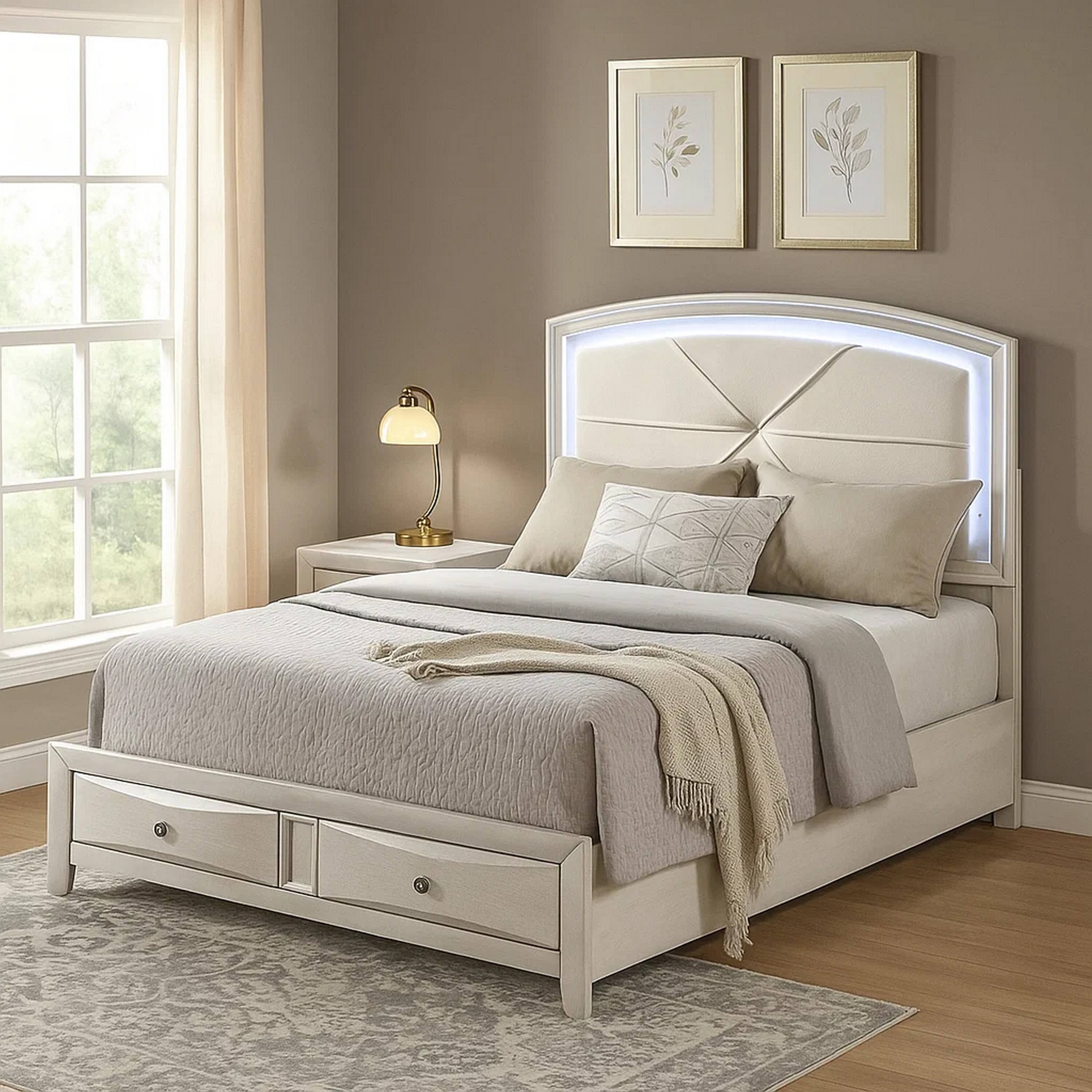Alt View 6. Manhattan Lane - Remy Queen Size Bed with LED Headboard, 2 Bottom Drawers - Antique White.
