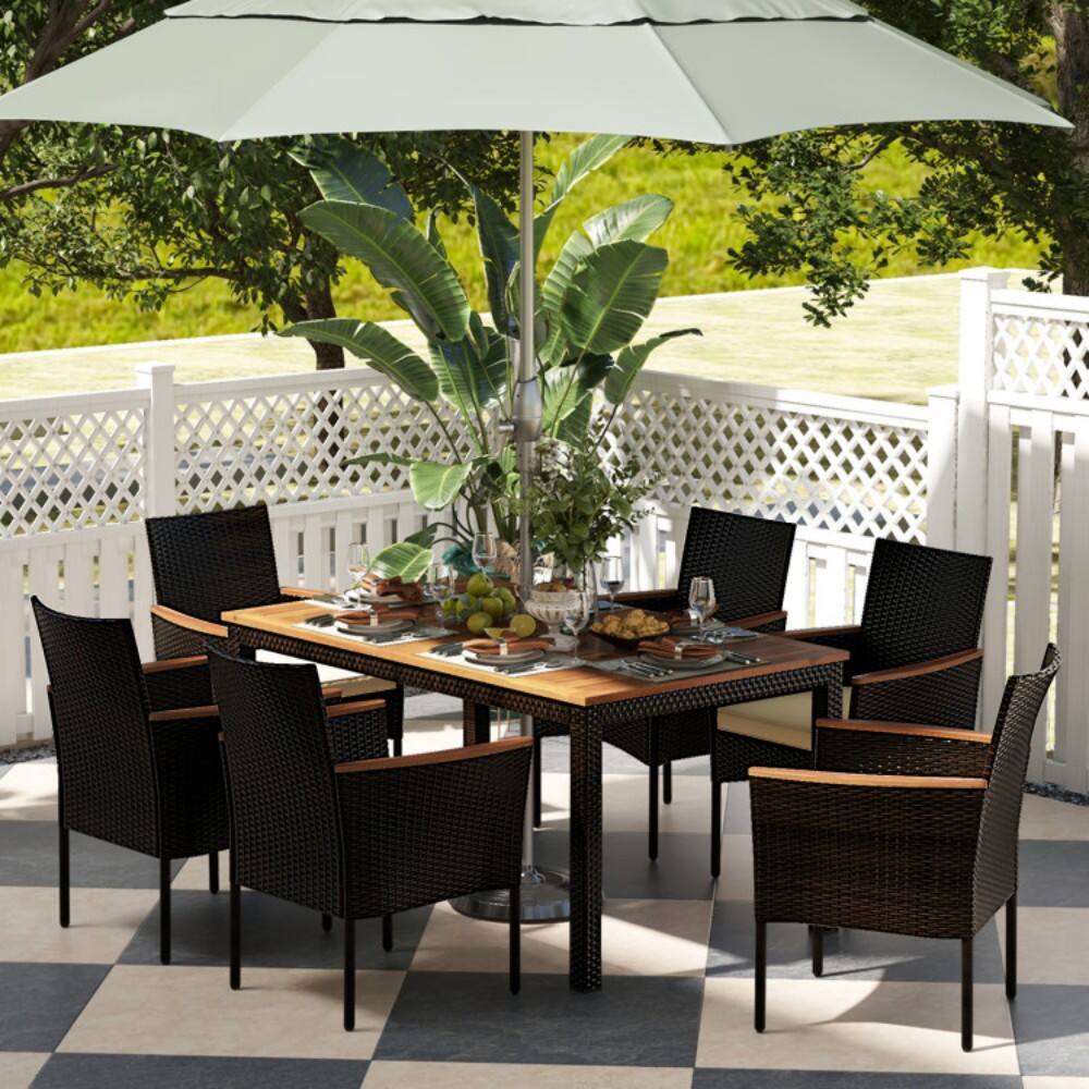 Alt View 5. Mondawe - 7 Pieces Rattan Patio Dining Set with Stackable Chairs and Umbrella Hole - Mix Brown.