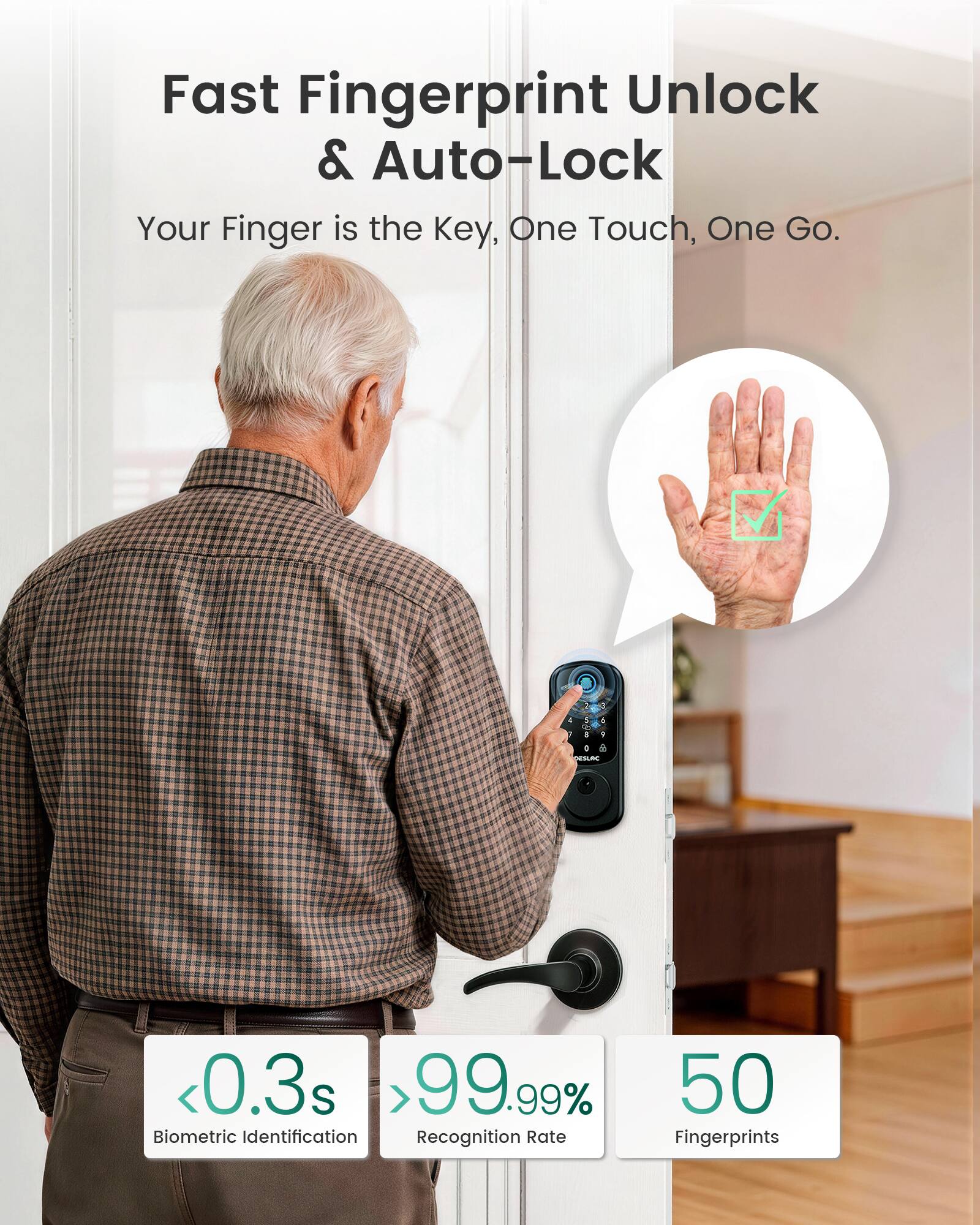 Fast Fingerprint Unlock & Auto-Lock  
Your Finger is the Key, One Touch, One Go.  

<0.3s  
>99.99%  
50 Biometric Identification Recognition Rate Fingerprints