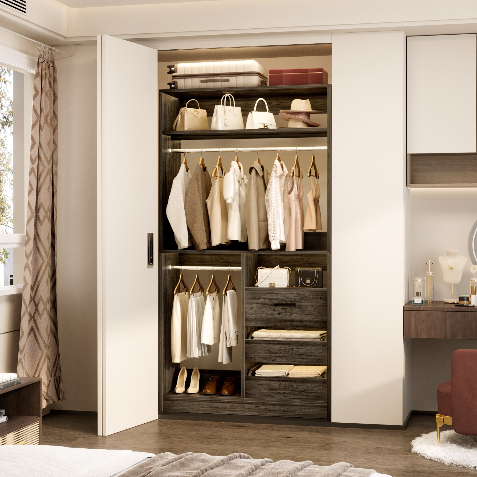 "Aheaplus - 36"" Freestanding Closet Organizer with 3 Drawers, 2 Hanging Rods & Shoe Storage - Gray Oak"