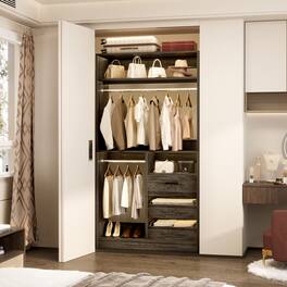 Aheaplus - 36" Freestanding Closet Organizer with 3 Drawers, 2 Hanging Rods & Shoe Storage - Gray Oak