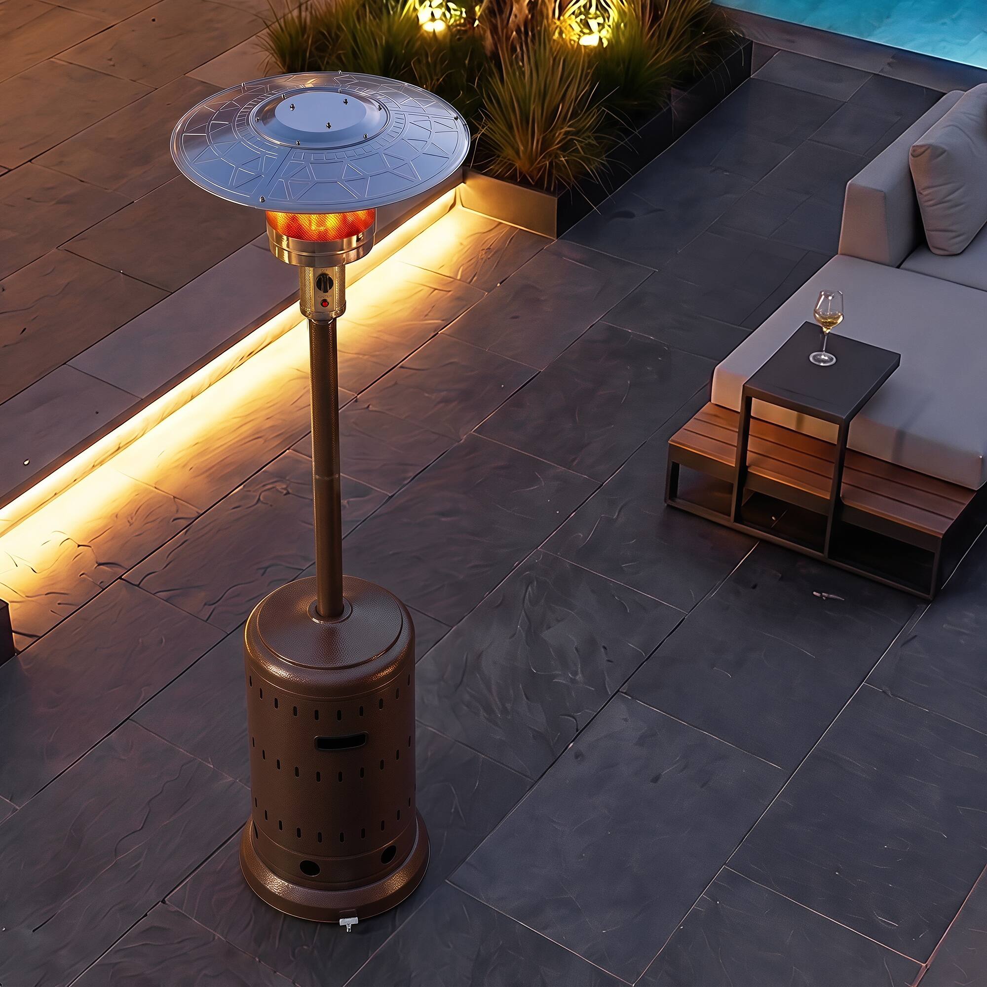 Left. Nuu Garden - 46,000 BTU Metal Brown Propane Patio Heater with Wheels, ETL Certification.