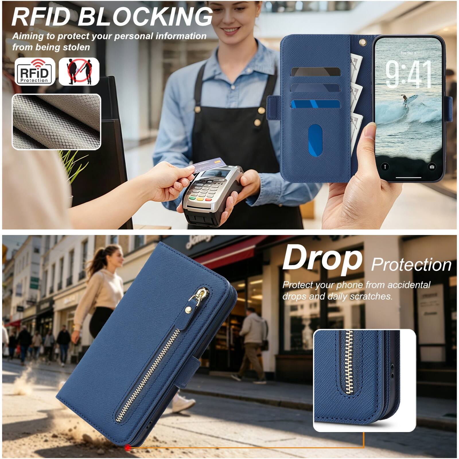 RFID BLOCKING  
Aiming to protect your personal information from being stolen  

RFID Protection  

9:41  

Drop Protection  
Protect your phone from accidental drops and daily scratches.