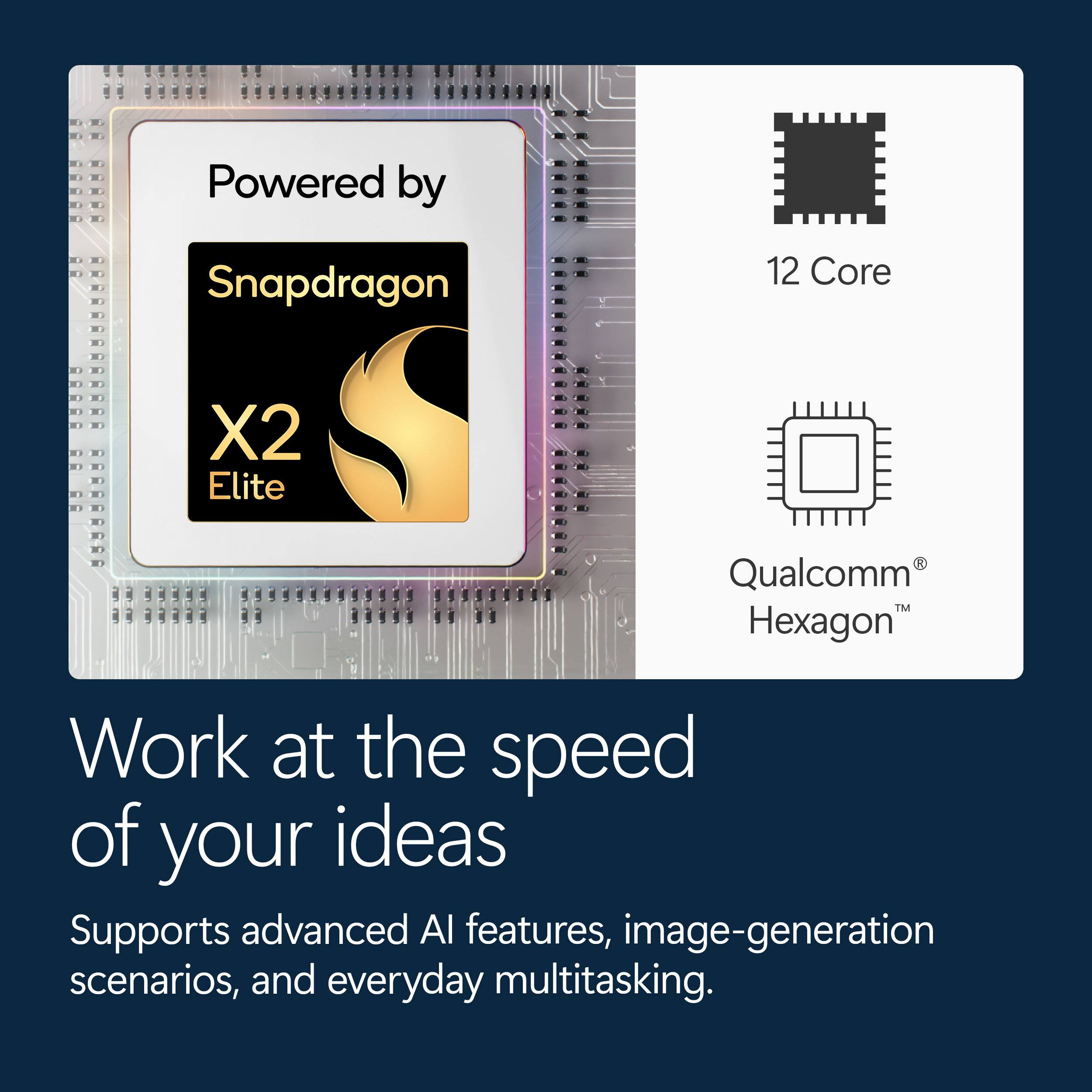 Powered by Snapdragon 12 Core X2 Elite Qualcomm Hexagon  
Work at the speed of your ideas  
Supports advanced AI features, image-generation scenarios, and everyday multitasking.