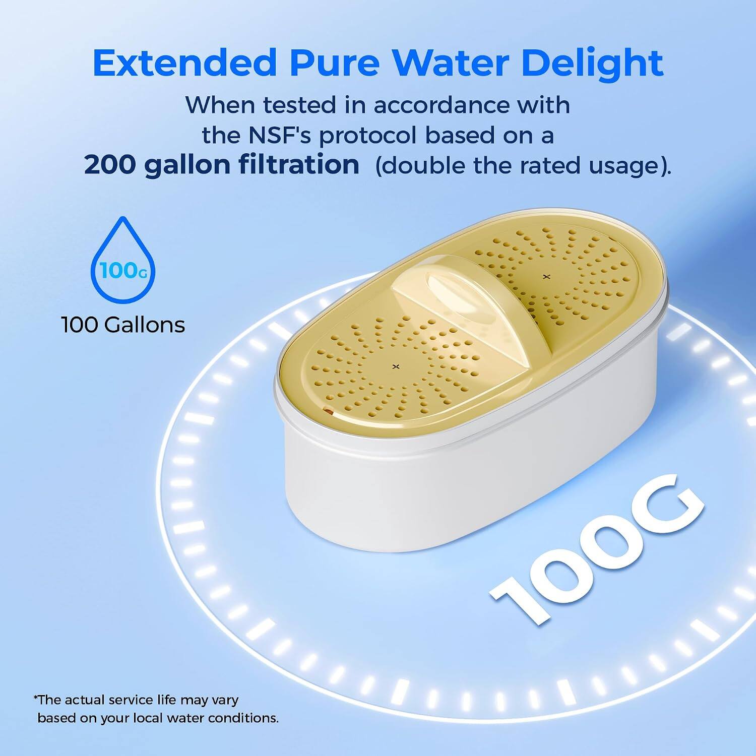 Extended Pure Water Delight  
When tested in accordance with the NSF's protocol based on a 200 gallon filtration (double the rated usage).  
100G  
100 Gallons  
"The actual service life may vary based on your local water conditions."