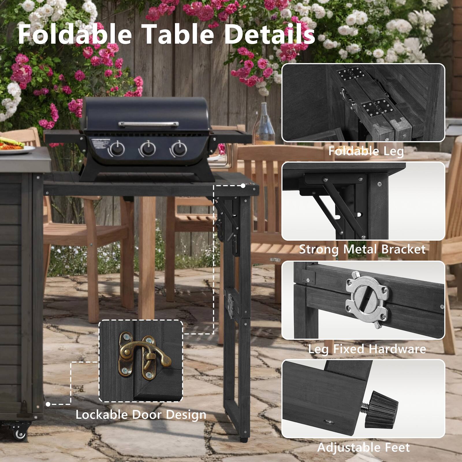 Foldable Table Details

- Foldable Leg
- Strong Metal Bracket
- Lockable Door Design
- Leg Fixed Hardware
- Adjustable Feet