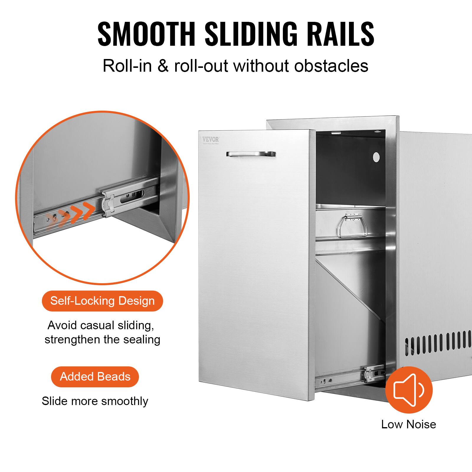 SMOOTH SLIDING RAILS  
Roll-in & roll-out without obstacles  

Self-Locking Design  
Avoid casual sliding, strengthen the sealing  

Added Beads  
Slide more smoothly  

Low Noise