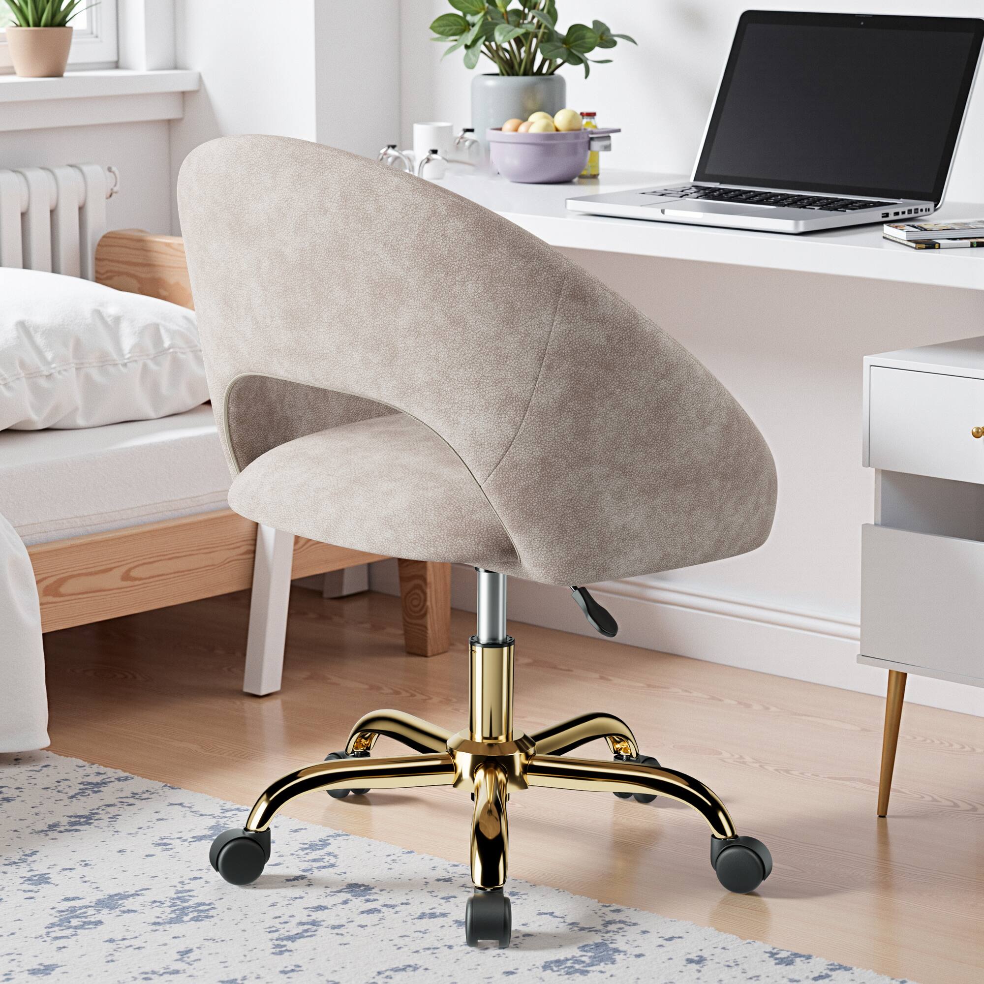 Alt View 6. KERDOM - Vanity Chair with Back & Wheel, Smooth Tech Fabric & Wide Cushion Home Office Chair, Makeup Chair Breathable Hollow Back - Khaki.