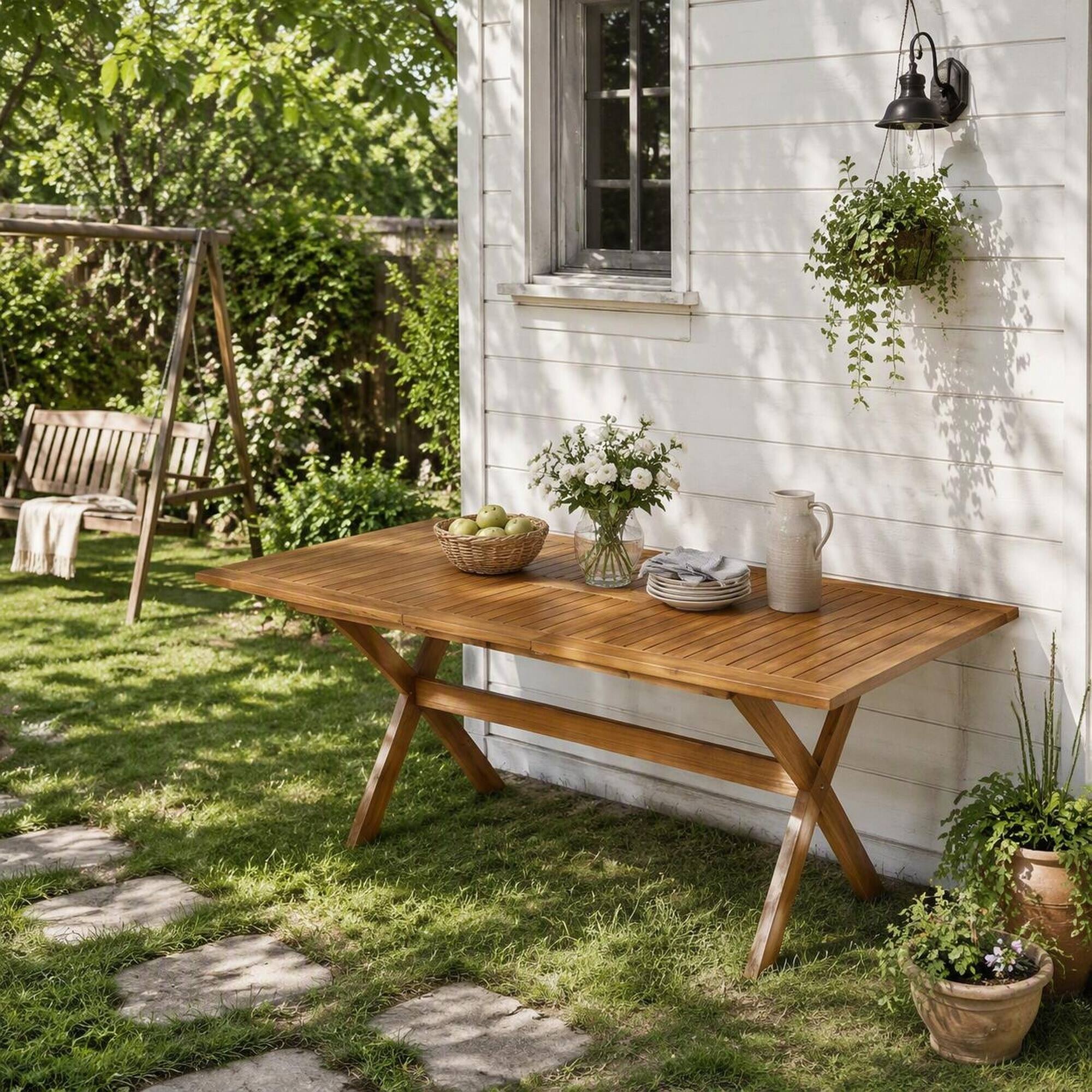 Alt View 2. RYHNUYNE - 60"-76" Outdoor Extendable Dining Table, Solid Acacia Wood X-Leg Patio Table for Backyard Garden Deck, Natural Finish - Teak.