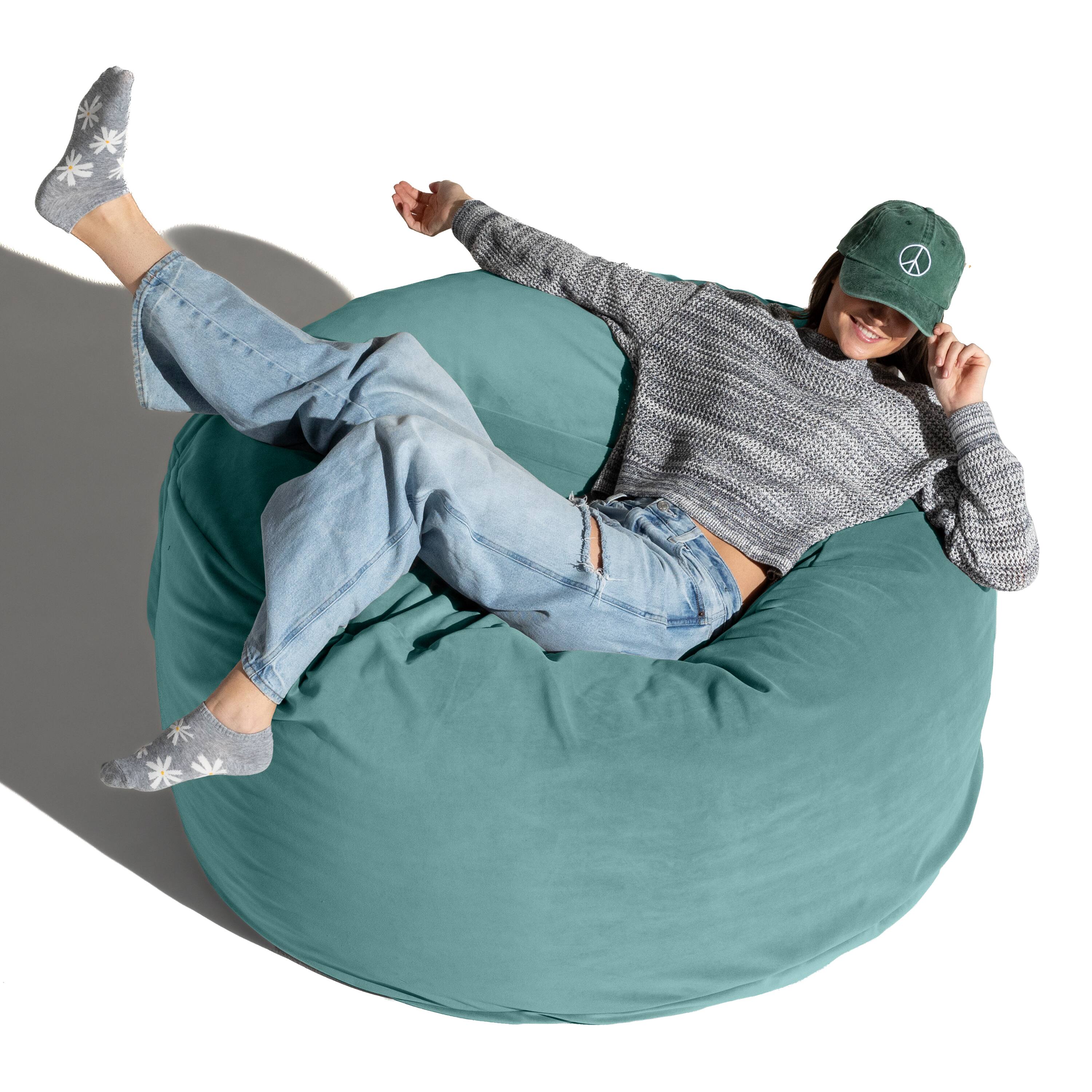 Left. Jaxx - Jaxx 4 Foot Saxx - Large Round Bean Bag Chair for Adults - Lush Velvet Turquoise - Lush Velvet Turquoise.