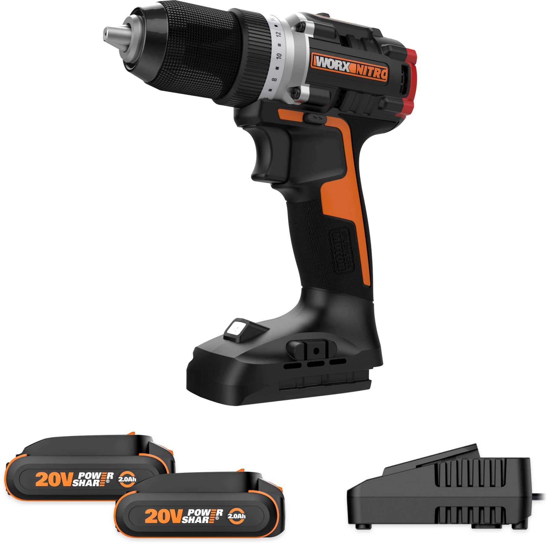 The text on the image reads: "WORX NITRO SRUSHL 20V POWER R d 2.0Ah SHAR POWER R 20V SHAR d 2.0Ah." This text is describing the features and specifications of a power tool, such as a drill or a saw. The text indicates that the tool is powered by a 20V battery and has a 2.0Ah capacity, which provides a certain amount of power and runtime for the tool. The tool is designed for various tasks, such as drilling or cutting, and is likely part of the WORX NITRO series of power tools.