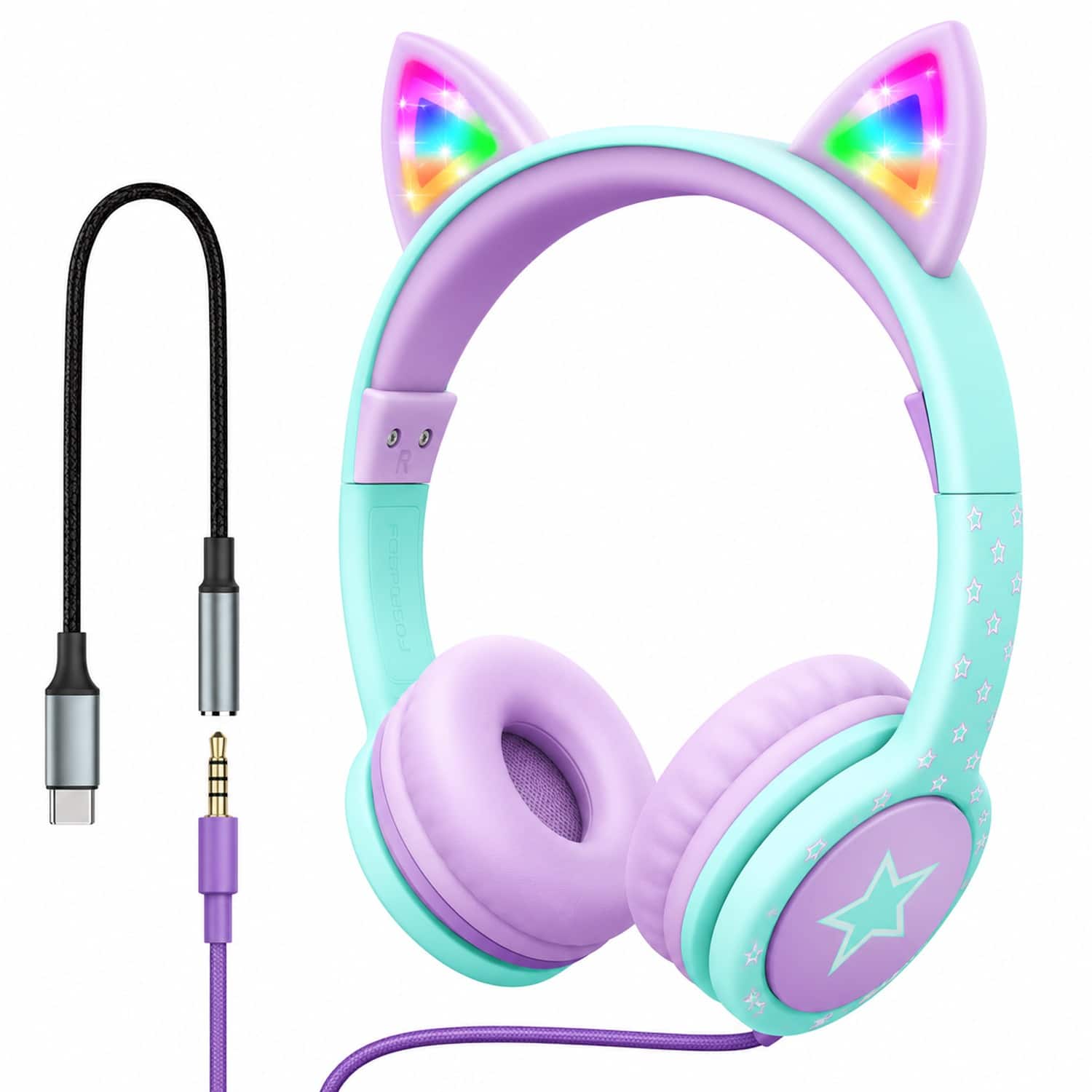 FosPower - Kids Headphones USB C Over Ear Headphones for Kids with Cord, 3.5mm Wired Headset Light Up LED Cat Ears For School iPad - Teal/Light Purple