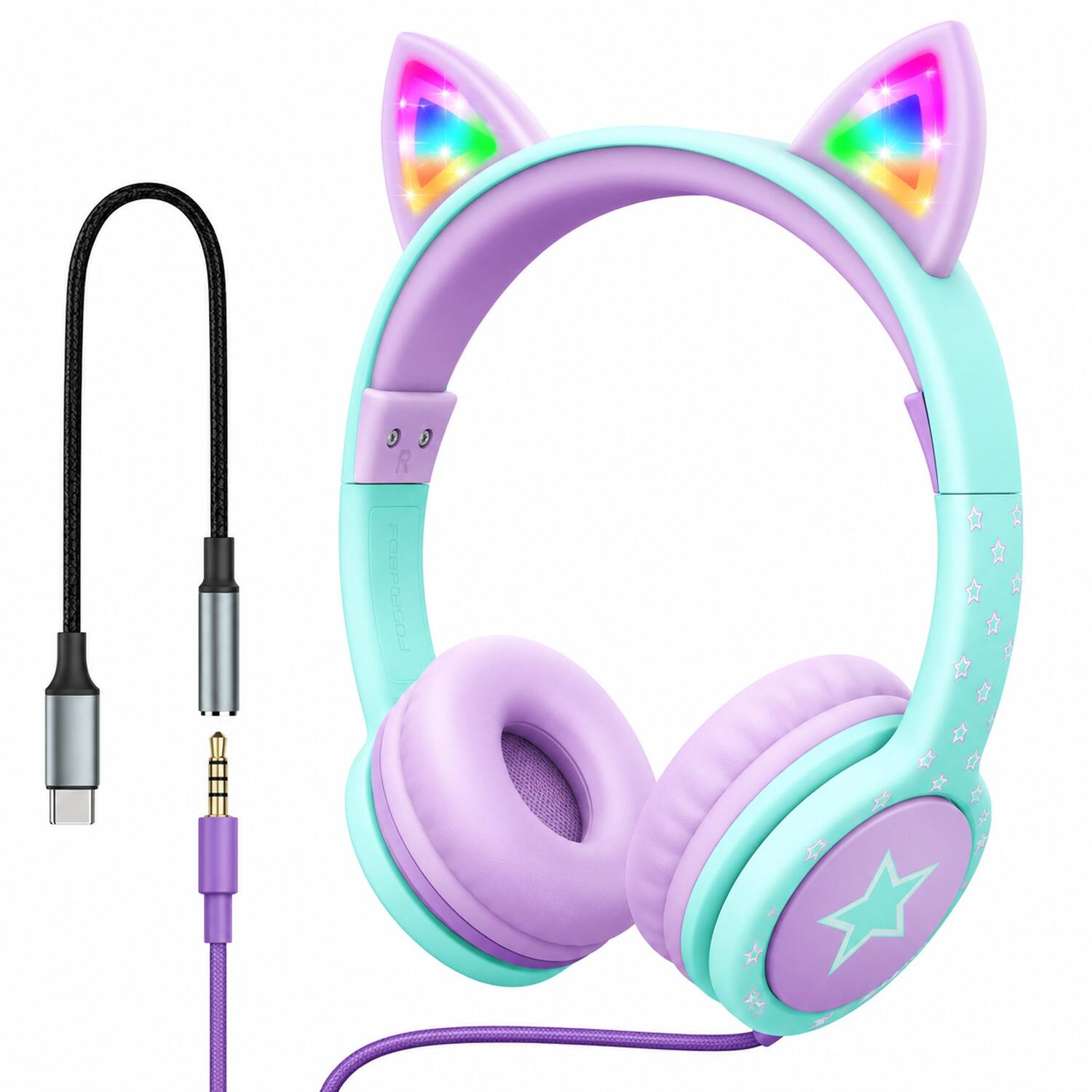 Front. FosPower - Kids Headphones USB C Over Ear Headphones for Kids with Cord, 3.5mm Wired Headset Light Up LED Cat Ears For School iPad - Teal/Light Purple.