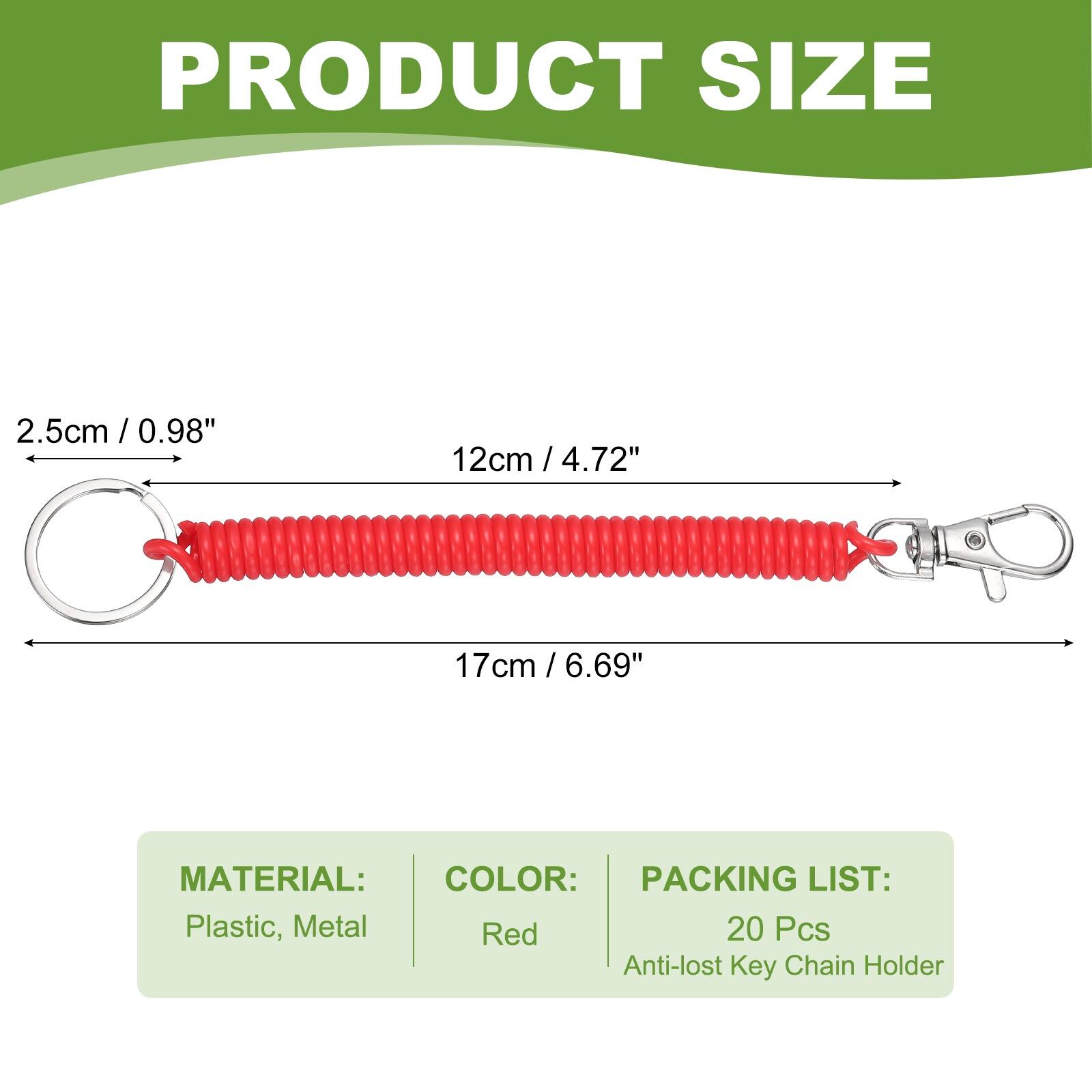 PRODUCT SIZE  
2.5cm / 0.98"  
12cm / 4.72"  
17cm / 6.69"  

MATERIAL:  
Plastic, Metal  

COLOR:  
Red  

PACKING LIST:  
20 Pcs Anti-lost Key Chain Holder