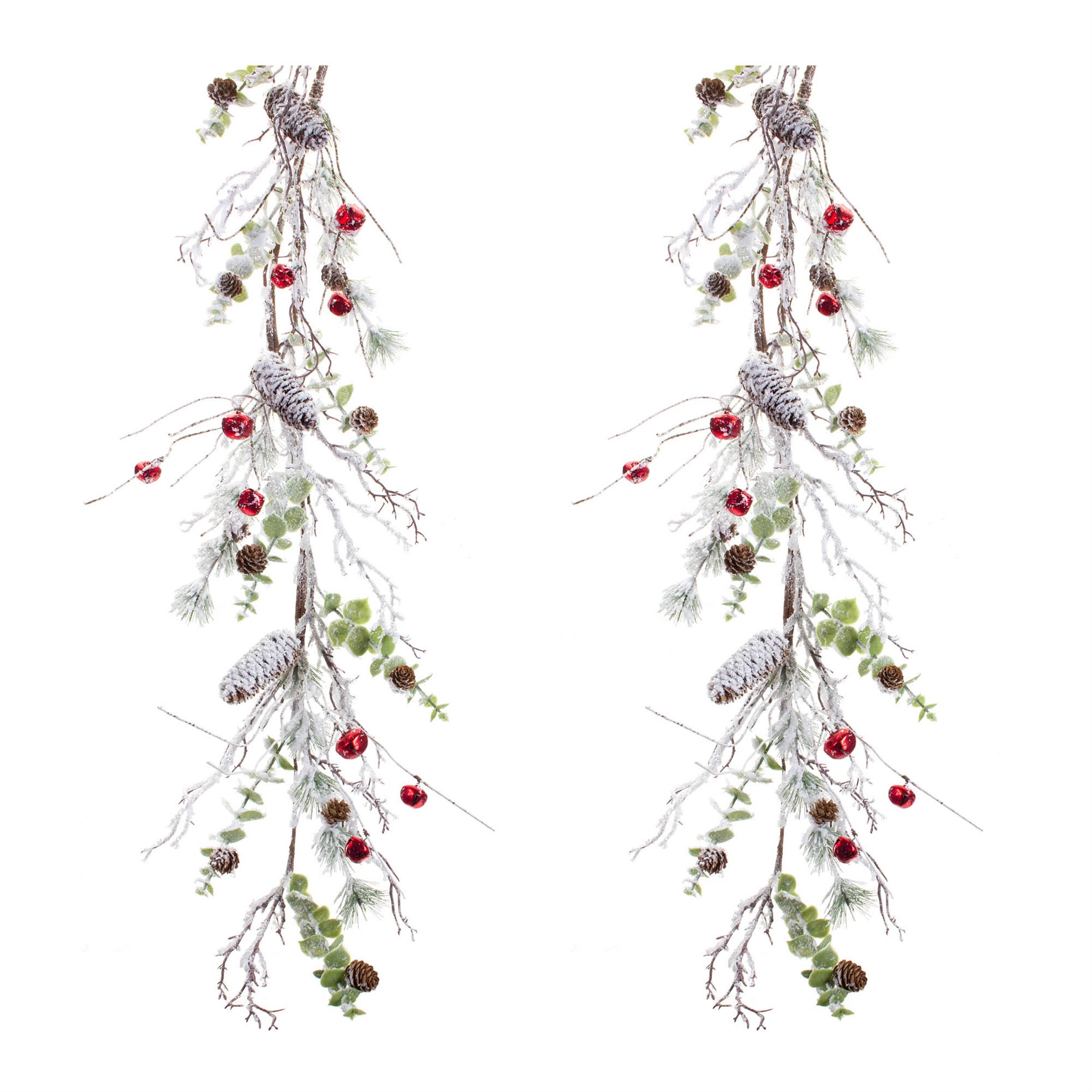 Back. BreeBe - Snowy Flocked Twig Pine Garland with Sleigh Bells (Set of 2) - White, Red, Green.