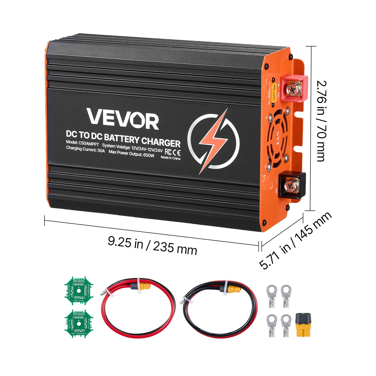 VEVOR DC TO DC BATTERY CHARGER  
Model: CS0AMPPT  
System Voltage: 12V/24V-12V/24V  
Charging Current: 50A  
Max Power Output: 650W  
Made in China  

FAN  
2.76 in / 70 mm  
9.25 in / 235 mm  
5.71 in / 145 mm