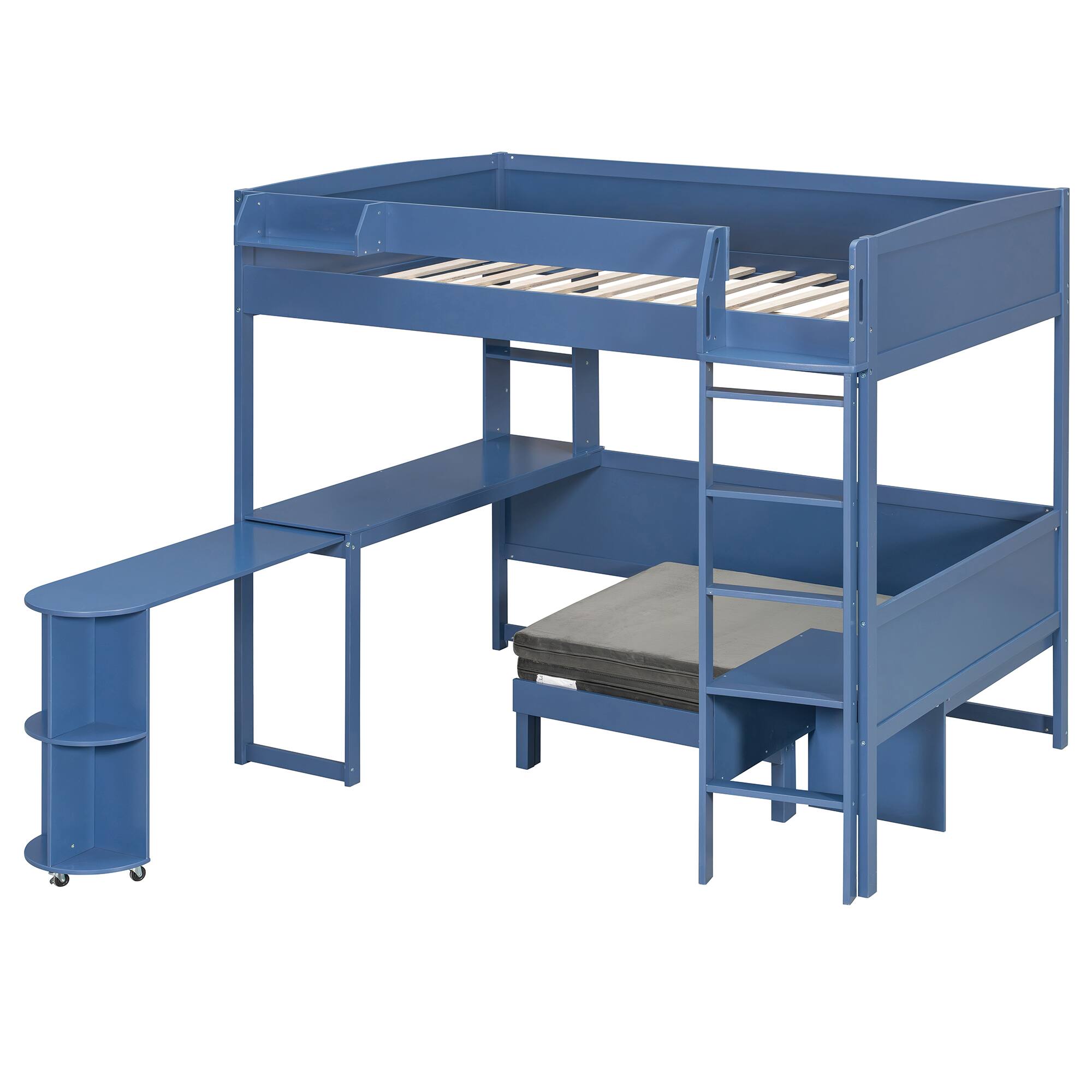 Left. Whisen - Full Size Wood Loft Bed with Desk, Bedside Storage Shelf, Sofa & LED Light for Bedroom/Small Apartment - Navy Blue.