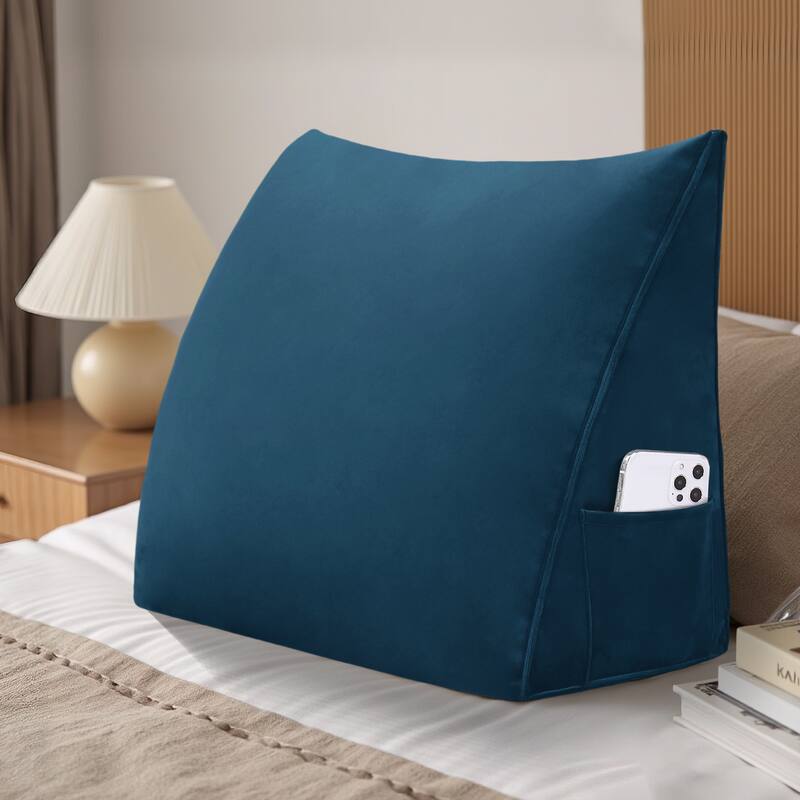 Angle. wowmax - Navy Blue Velvet Reading Pillow - Removable Ergonomic Support for Bed, Floor & Lounge - Dark Blue.
