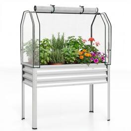Costway - 1 PCS Galvanized Raised Garden Bed with Legs Greenhouse Cover Roll-up Door for Vegetable - Silver
