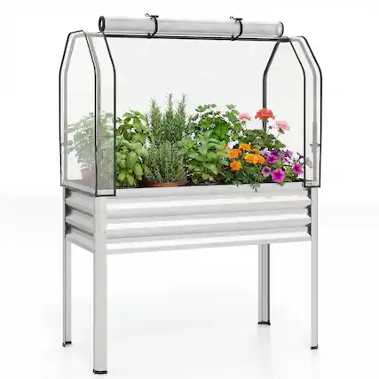 Front. Costway - Costway 1 PCS Galvanized Raised Garden Bed with Legs Greenhouse Cover Roll-up Door for Vegetable - Silver.