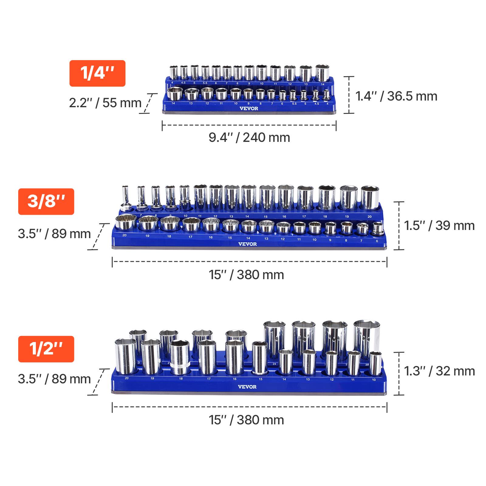 1/4"  
2.2" / 55 mm  
9.4" / 240 mm  
1.4" / 36.5 mm  

3/8"  
3.5" / 89 mm  
15" / 380 mm  
1.5" / 39 mm  

1/2"  
3.5" / 89 mm  
15" / 380 mm  
1.3" / 32 mm