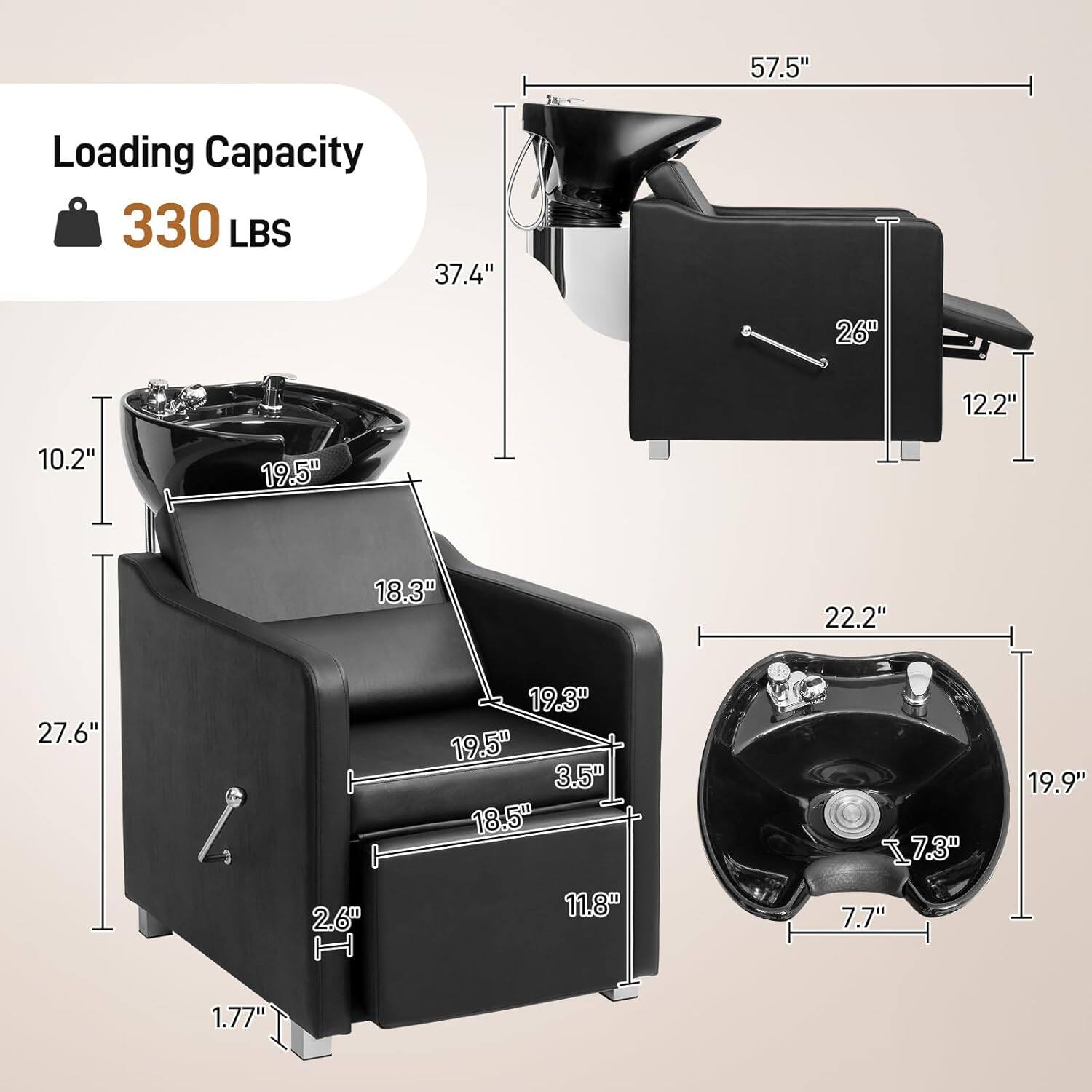 Sure, here is the corrected and grouped text from the image:

**Loading Capacity**
- 330 LBS

**Dimensions:**
- 57.5"
- 37.4"
- 26"
- 12.2"
- 10.2"
- 19.5"
- 18.3"
- 22.2"
- 27.6"
- 2.6"
- 19.3"
- 19.5"
- 3.5"
- 18.5"
- 11.8"
- 17.3"
- 7.7"
- 19.9"
- 1.77"