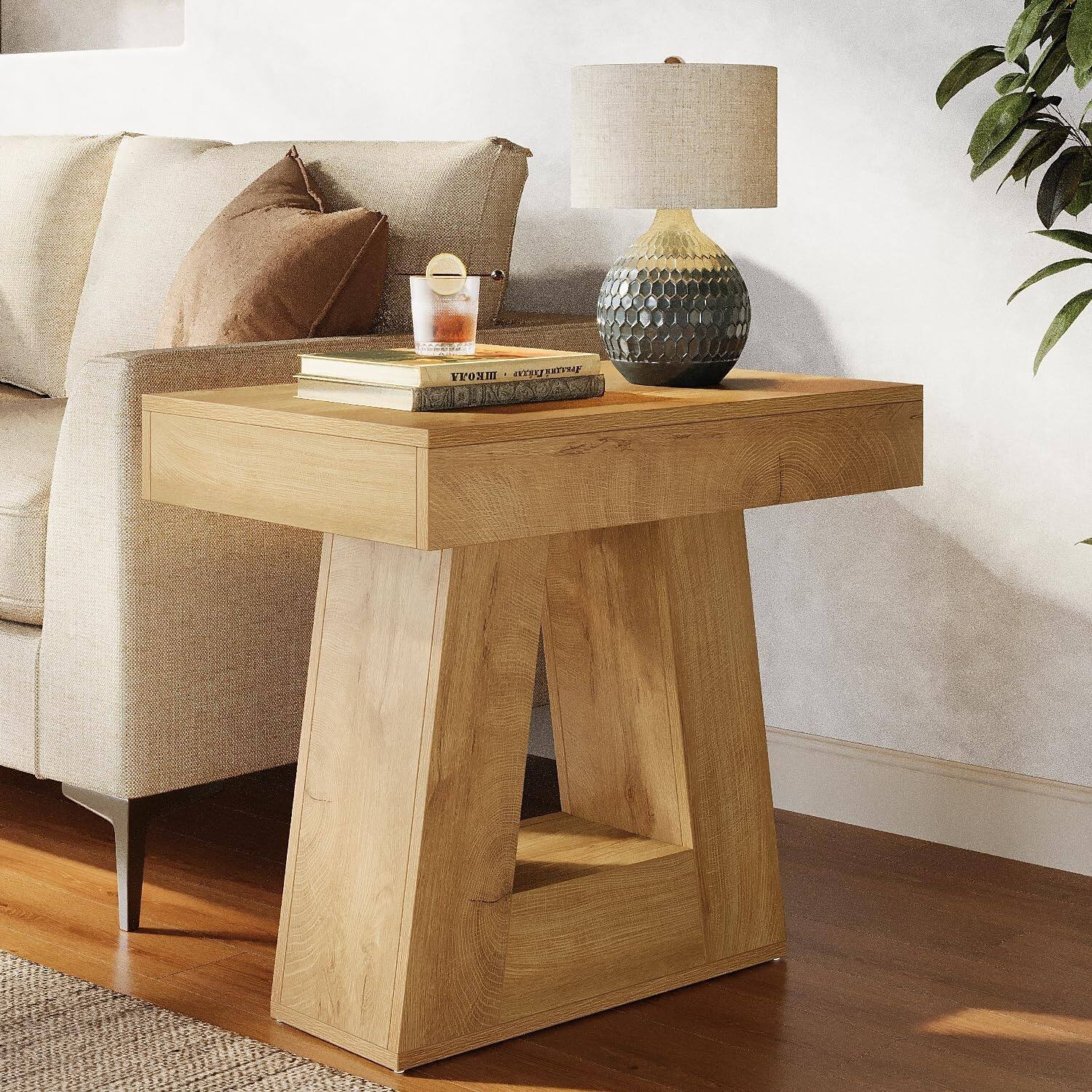Back. Tribesigns - End Table with Engineered Wood Construction, Wood Grain Finish and Trapezoidal Legs for Living Room - Light Brown.