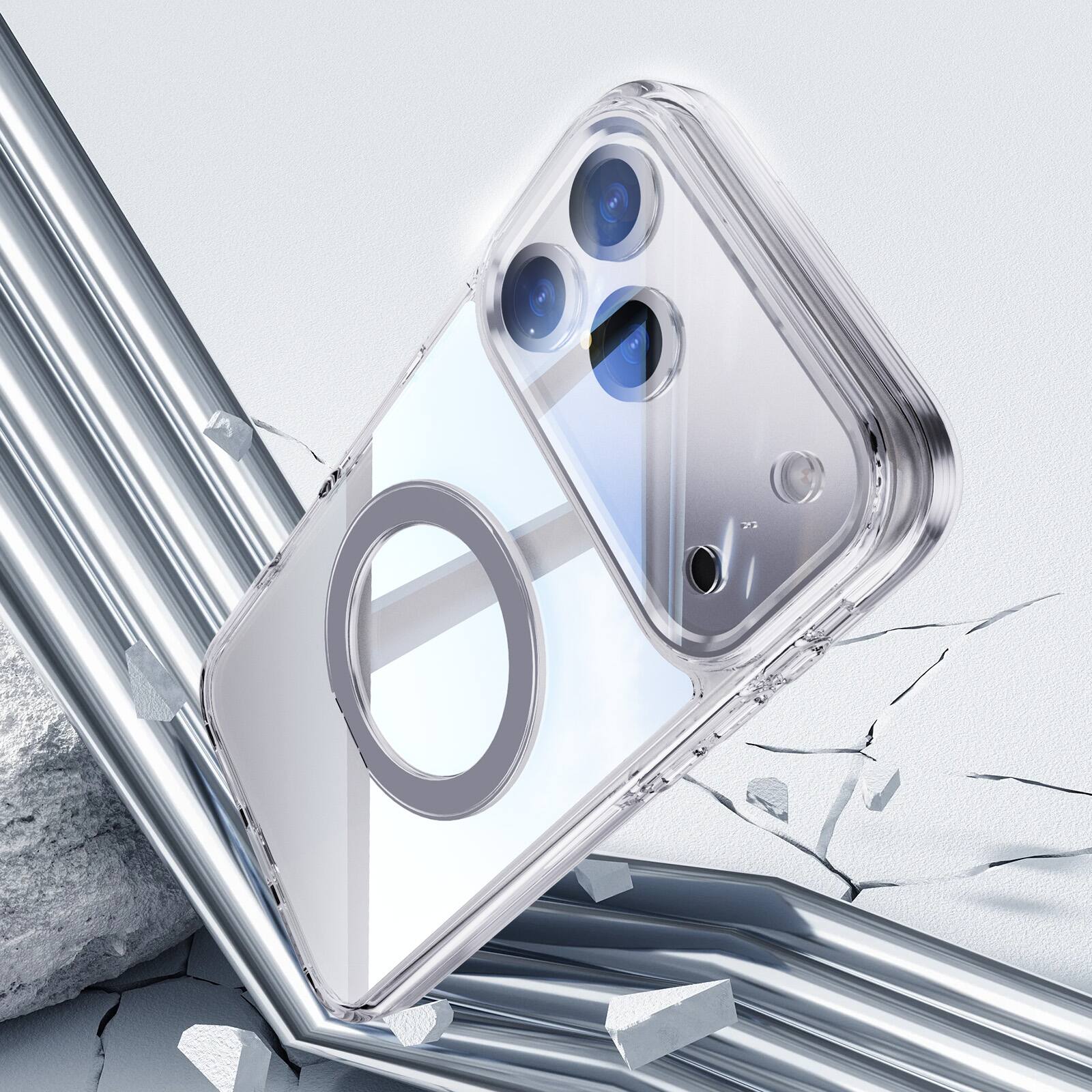 Back. Dteck - Magnetic Clear Phone Case for Apple iPhone 17 Pro Max with Metal Rotating Stand,Shockproof PC+TPU Slim Transparent Cover - White.